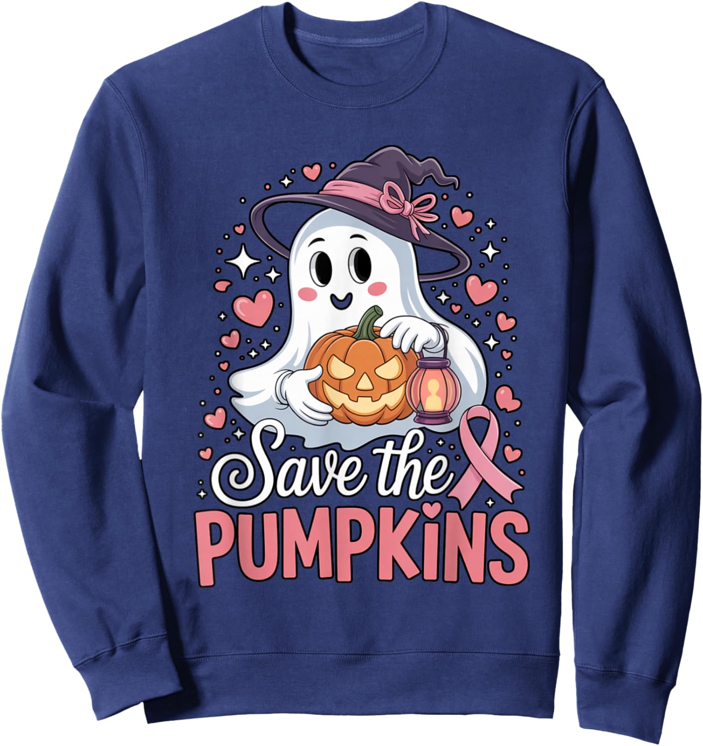Save The Pumpkins Pink Ribbon Halloween Ghost Breast Cancer Sweatshirt - Sweatshirt | Navy