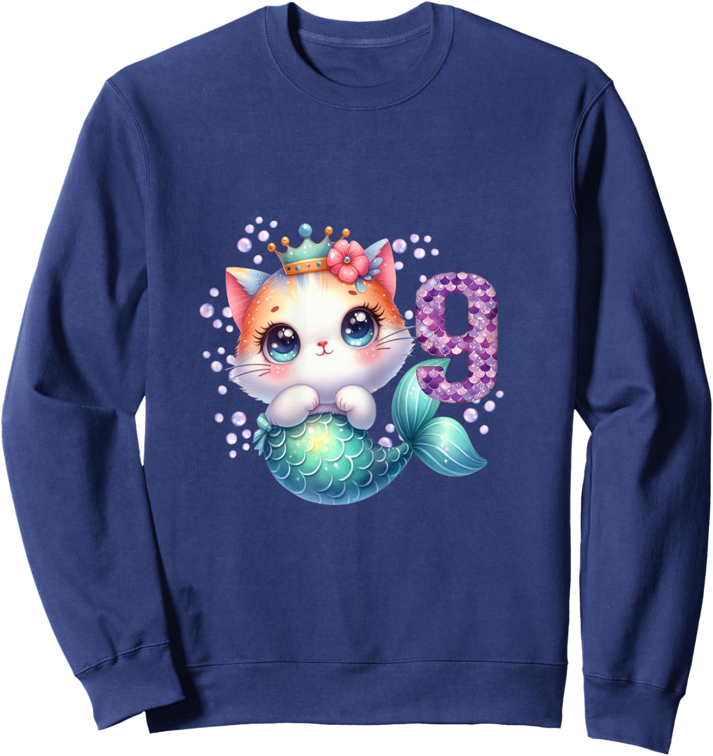 Cat Mermaid 9th Birthday 9 Year Old Party Girls Outfit Sweatshirt - Sweatshirt | Navy