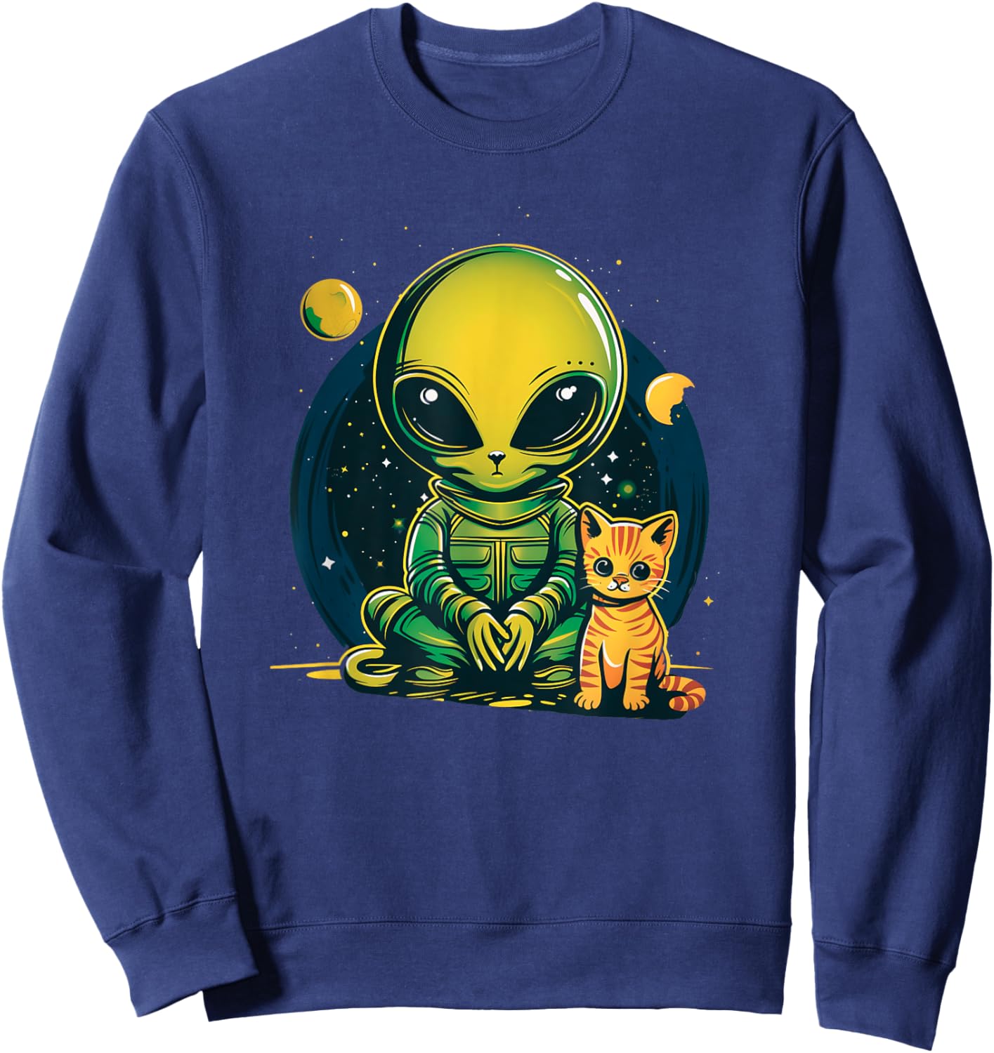 Alien And Cat Funny Cat Selfie With Alien Vintage Ufo Funny Sweatshirt - Sweatshirt | Navy