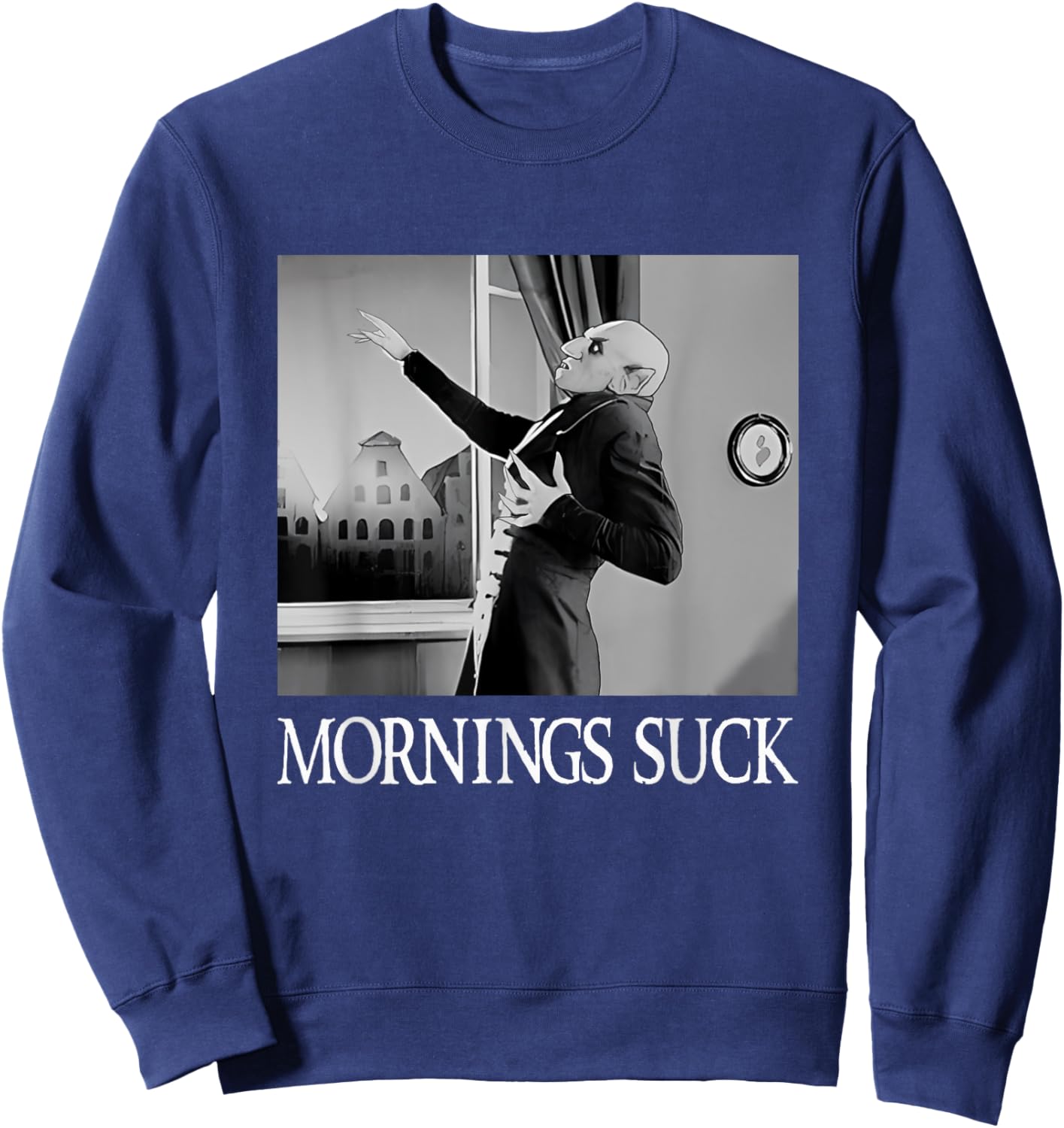 Mornings Suck Funny Halloween Vampire Pun Graphic Sweatshirt - Sweatshirt | Navy