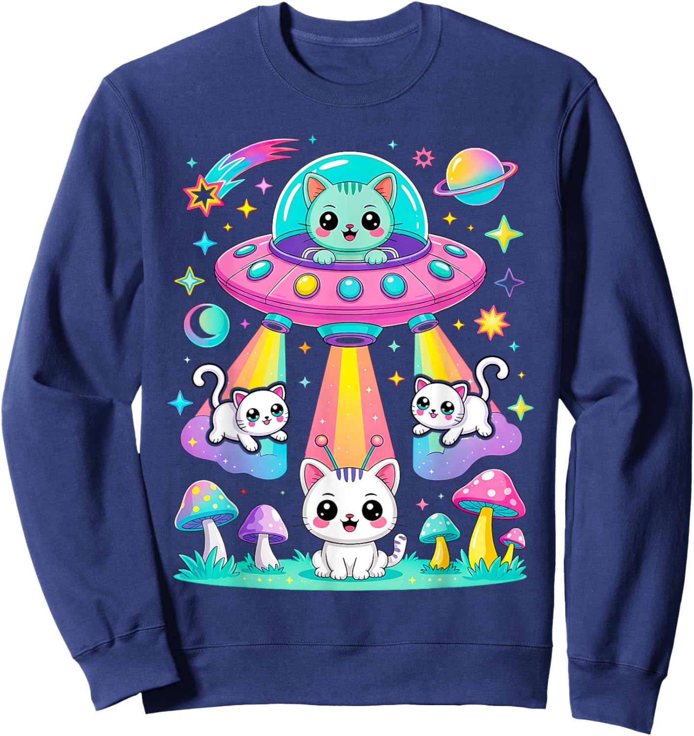 Funny Cat UFO Cute Kitty Space Spaceship Alien Aesthetic Sweatshirt - Sweatshirt | Navy