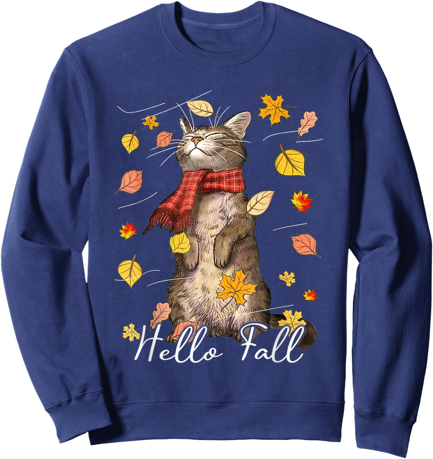 Hello Fall Cat Shirt Cat Autumn Leaves Kitten Lover Men Women Kids Sweatshirt - Sweatshirt | Navy