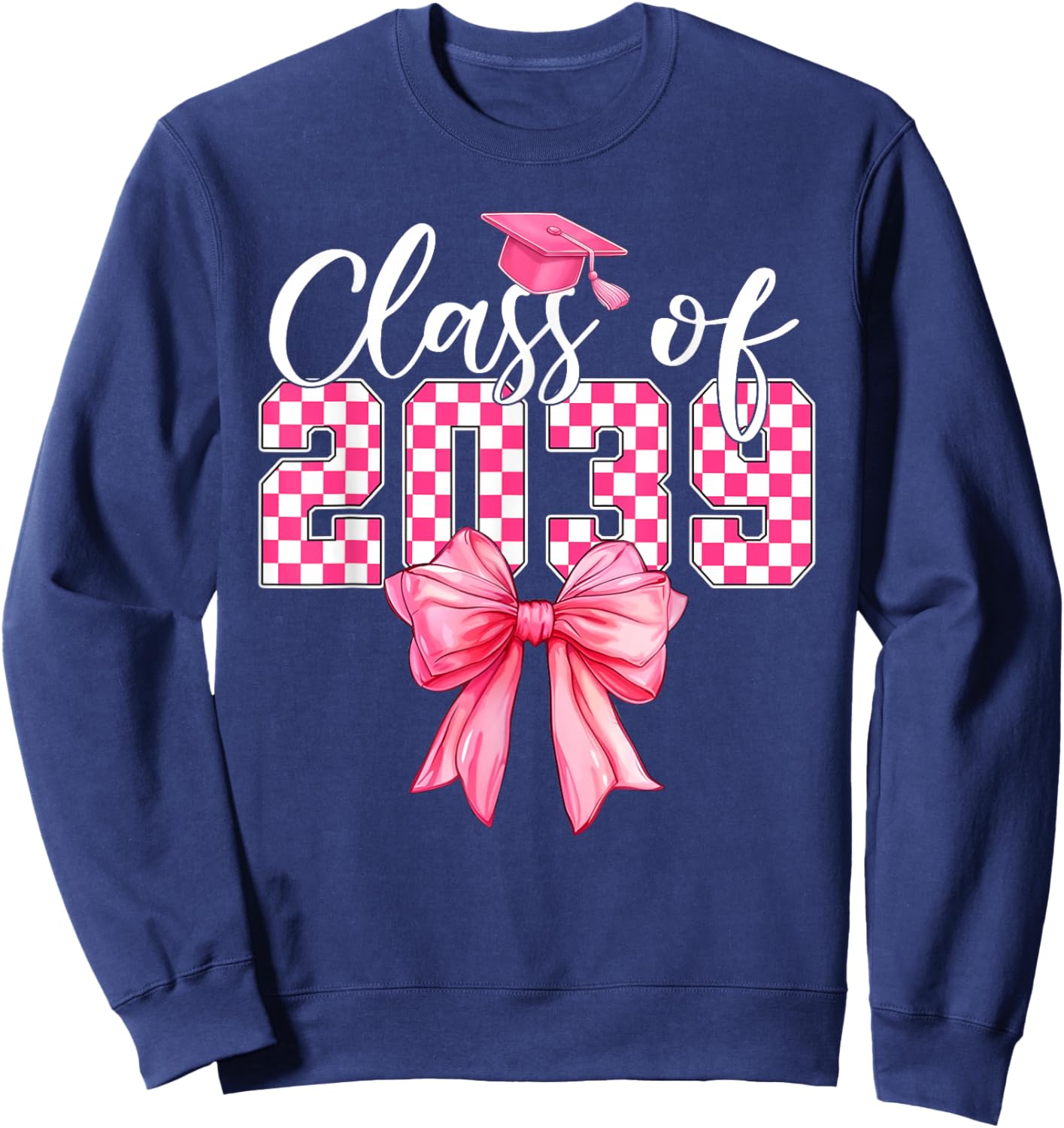 Class of 2039 Pink Checkered Graduation Coquette Bow Girl Sweatshirt - Sweatshirt | Navy