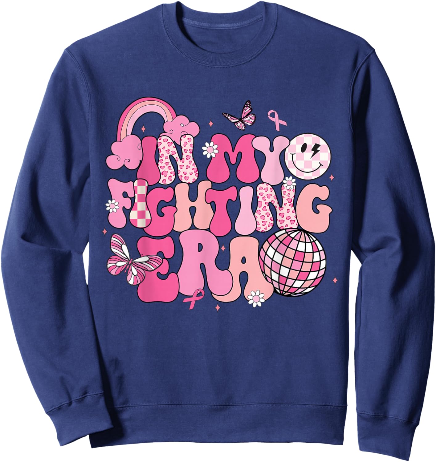 Retro Groovy In My Fighting Era Breast Cancer Awareness Sweatshirt - Sweatshirt | Navy