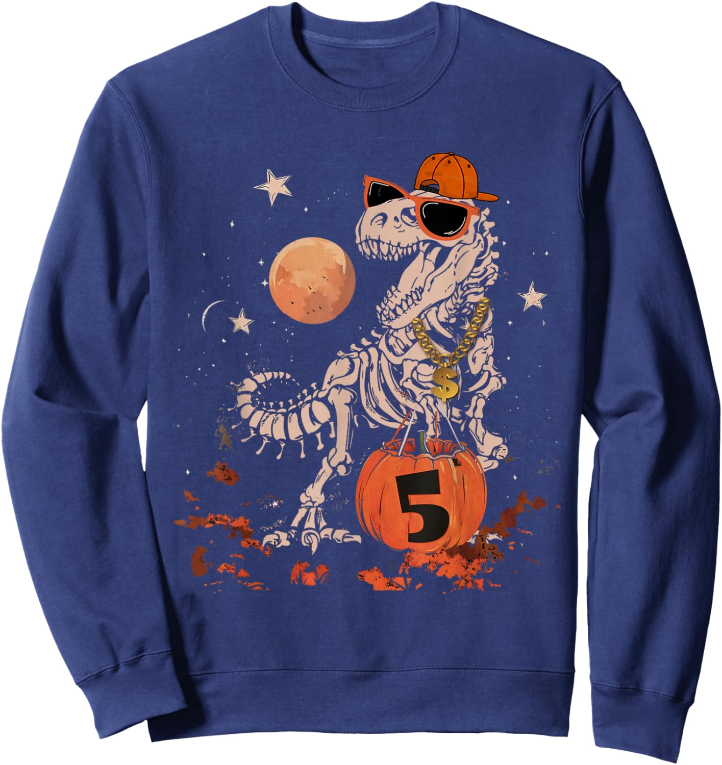 Birthday Halloween 5th Dinosaur Skeleton T-REX Scary Boy Kid Sweatshirt - Sweatshirt | Navy