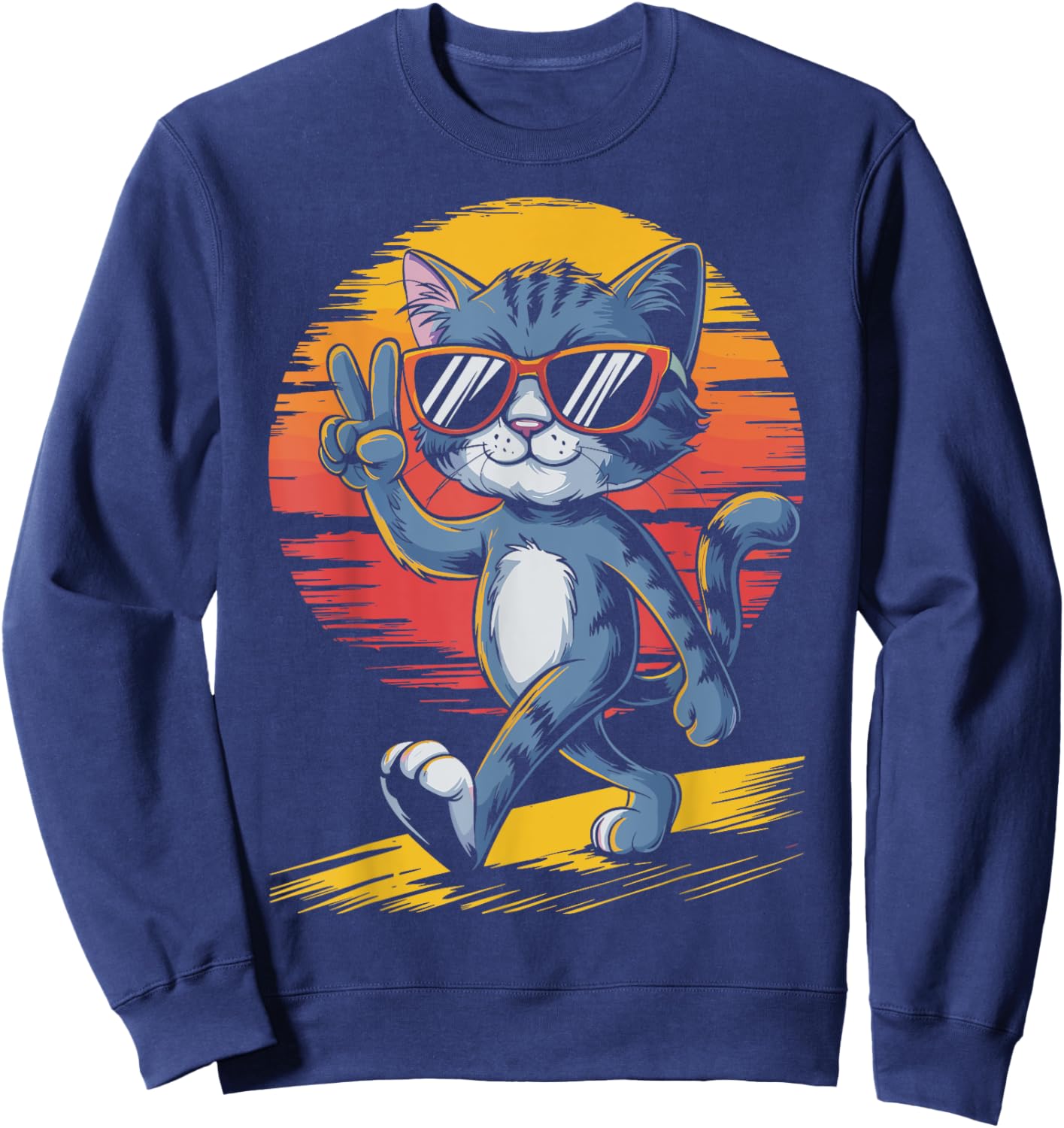 Retro Sunset Cool Cat With Sunglasses Peace Sign Sweatshirt - Sweatshirt | Navy