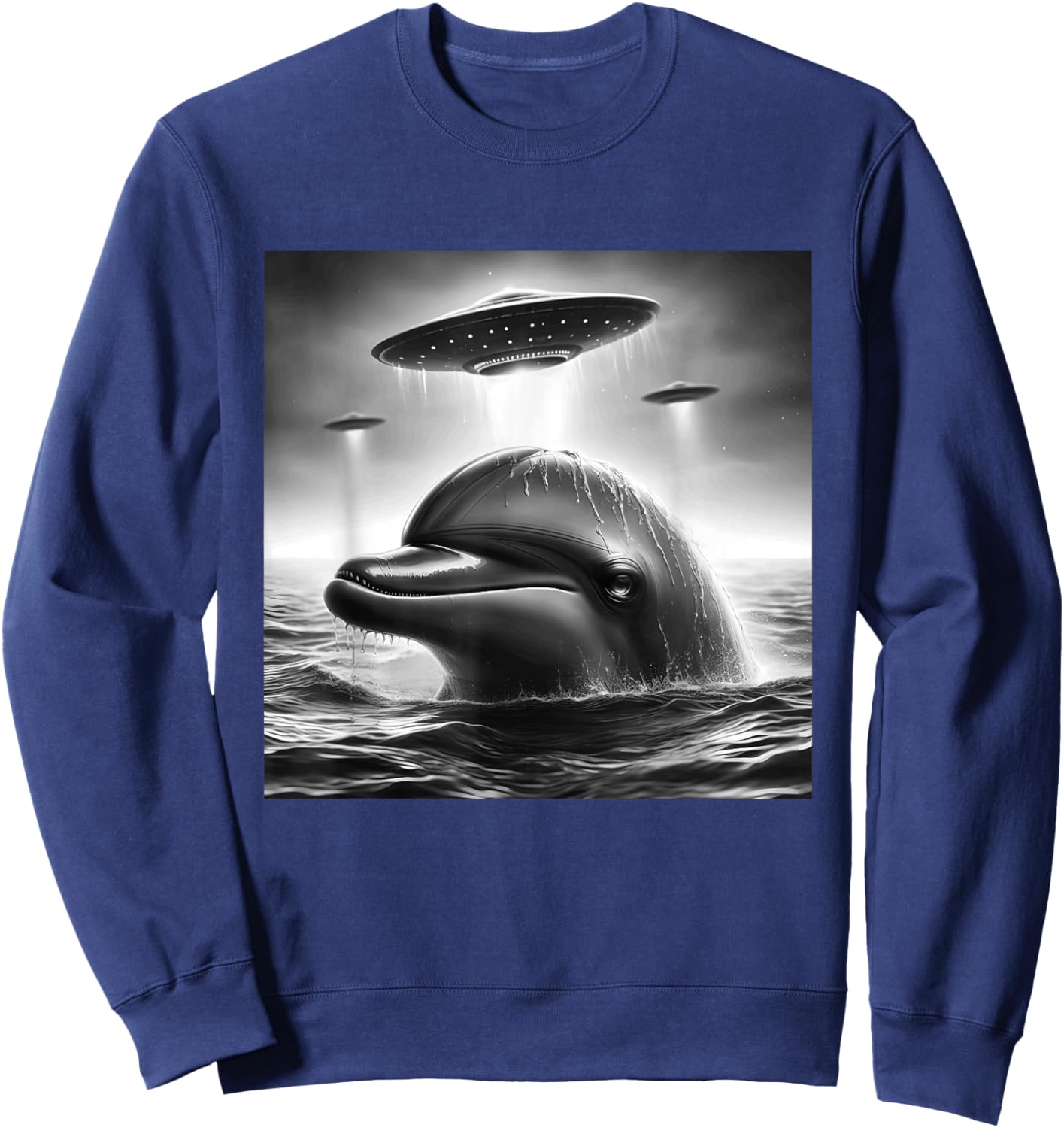 Dolphin Sea Funny Graphic Selfie with UFOs Weird Aliens Sweatshirt - Sweatshirt | Navy