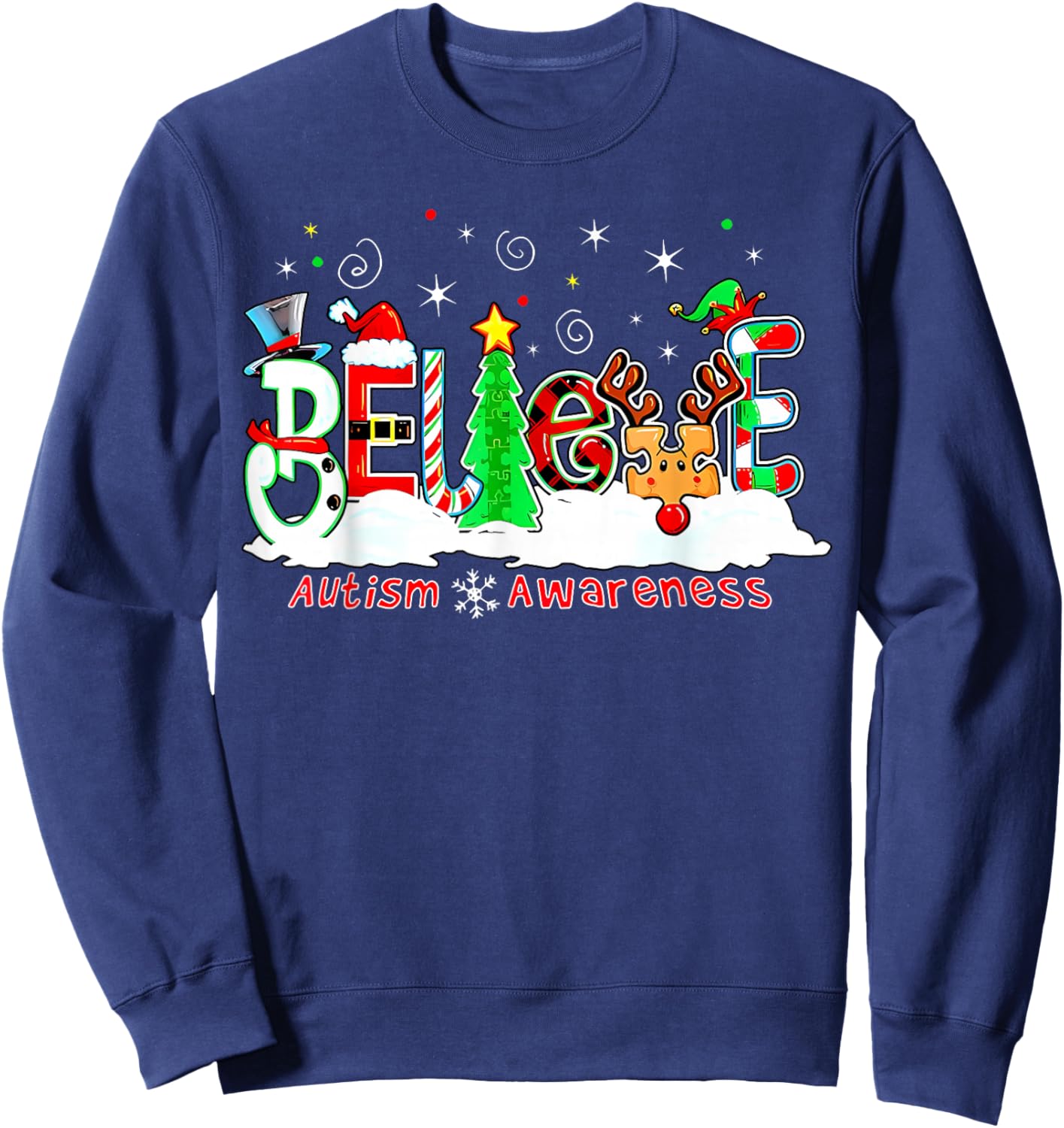 Believe Autism Awareness Christmas Tree Light Santa Reindeer Sweatshirt - Sweatshirt | Navy