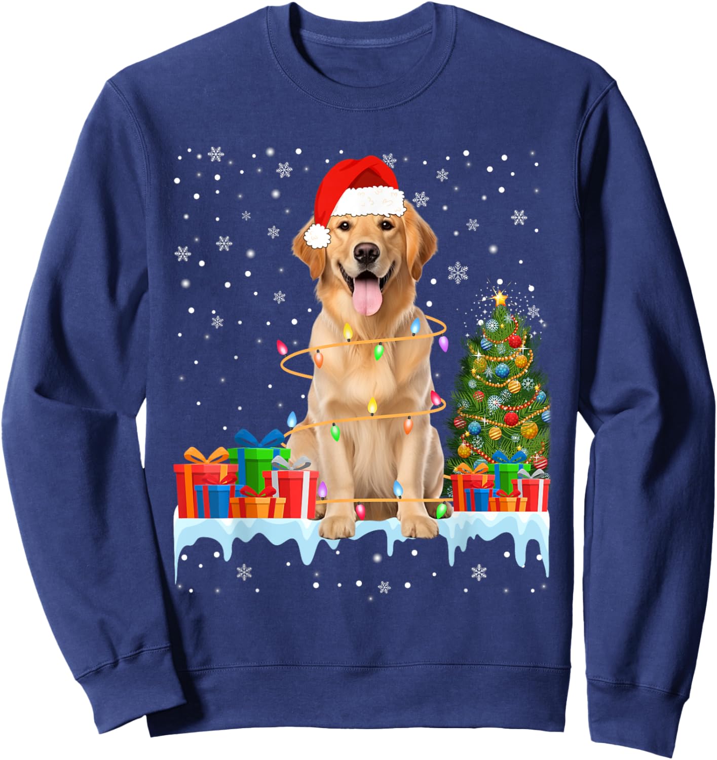 Santa Golden Retriever Dog Christmas Lights Xmas Pajamas Men Women Kids Sweatshirt - Sweatshirt | Navy