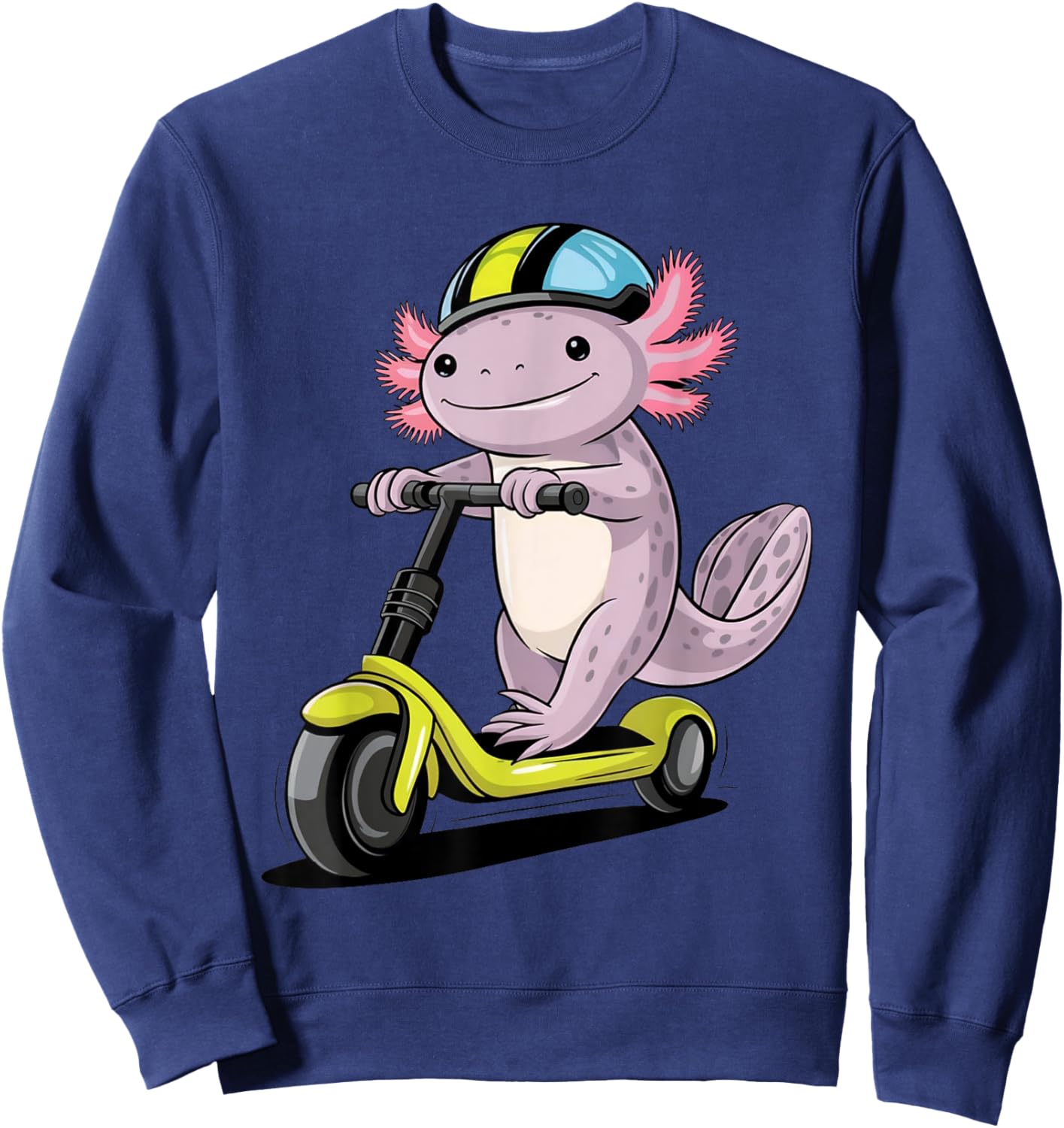 Axolotl Driving Scooter Funny Kawaii Boys Girls Cute Axolotl Sweatshirt - Sweatshirt | Navy