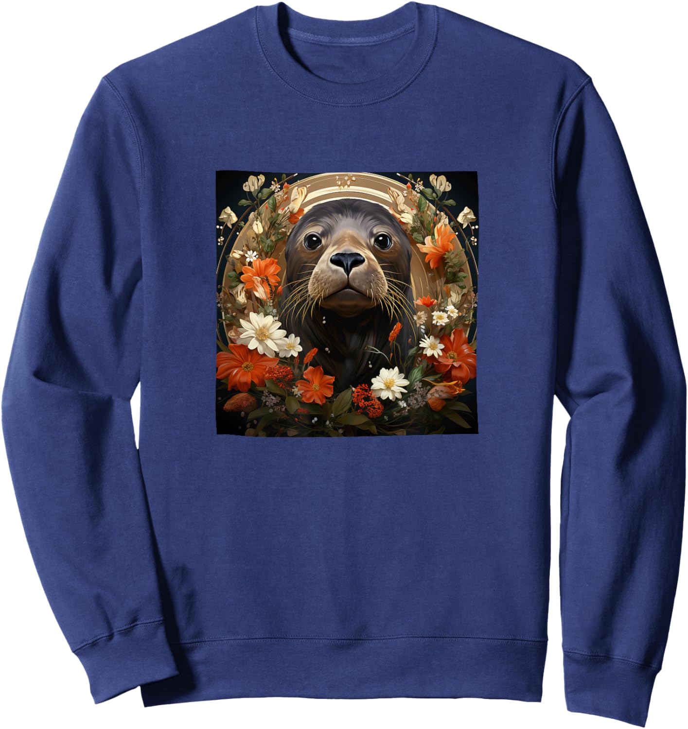 Seal With Flowers Around Boho Style Graphic Sweatshirt - Sweatshirt | Navy