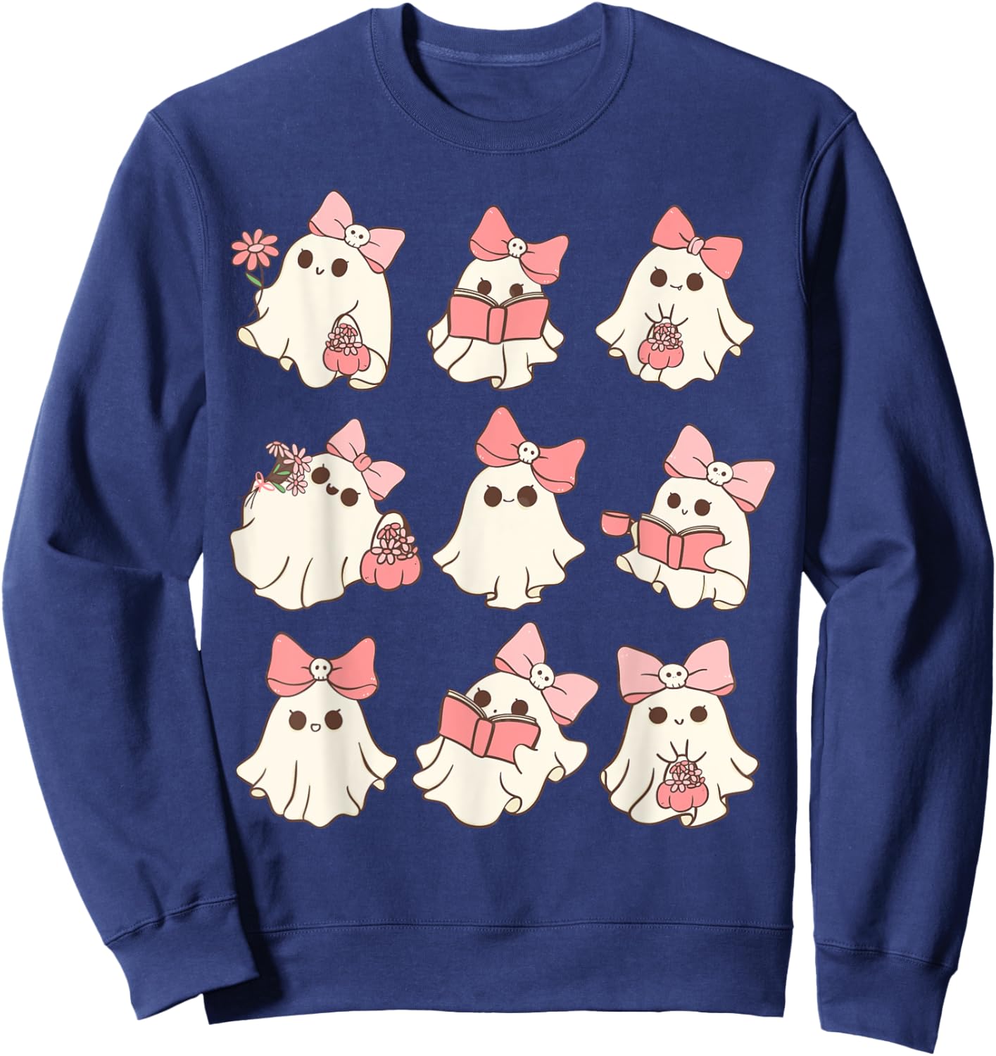 Pink Coquette Bow Cute Ghost Halloween Spooky Season Sweatshirt - Sweatshirt | Navy