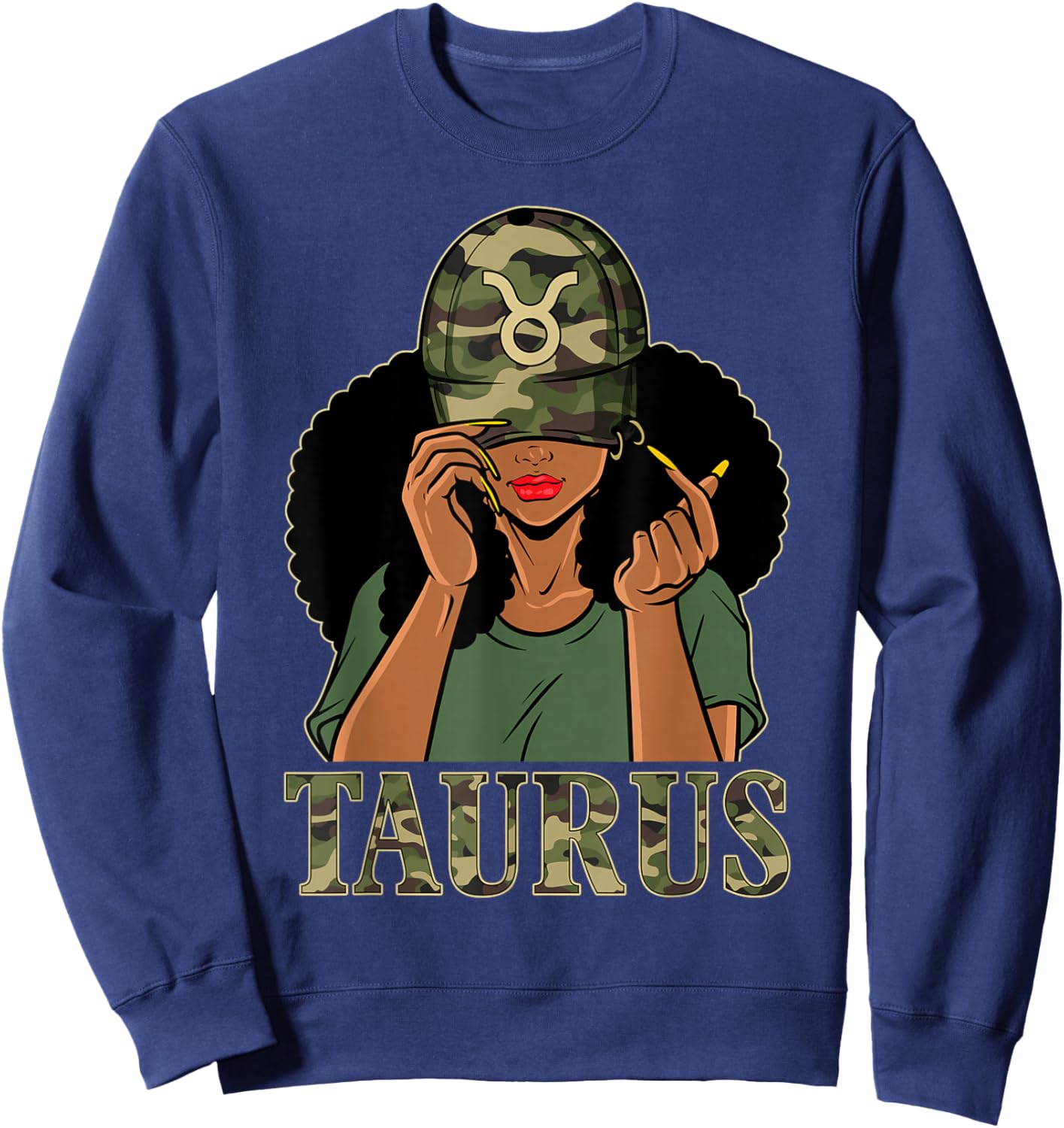 Taurus Girl Black Woman With Cap Camo Afro Woman Zodiac Sweatshirt - Sweatshirt | Navy