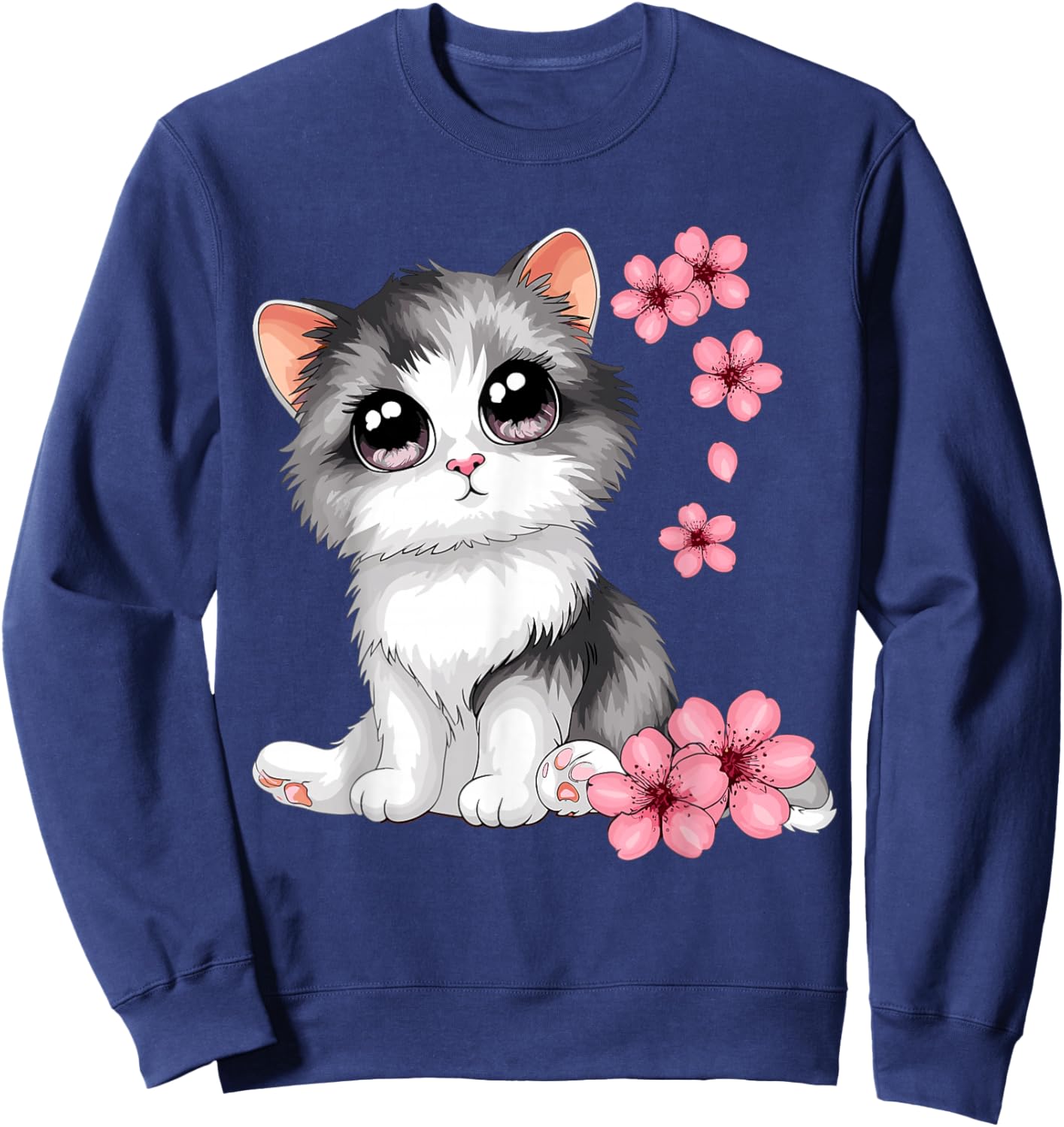 Cute Cat With Cherry Blossoms Cat Sweatshirt - Sweatshirt | Navy