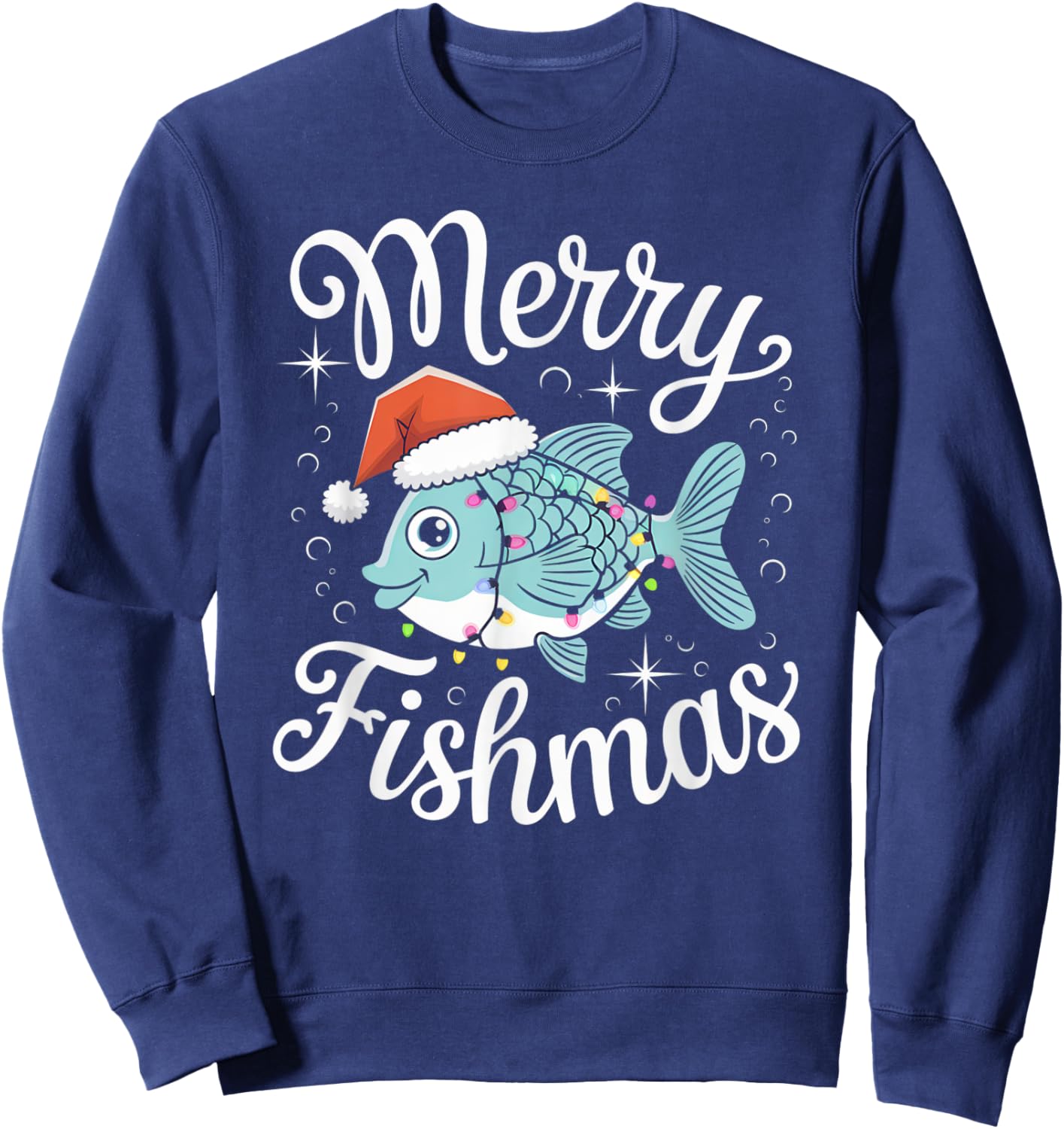 Merry Fishmas Cute Fish Christmas Decor with Santa Hat and Sweatshirt - Sweatshirt | Navy