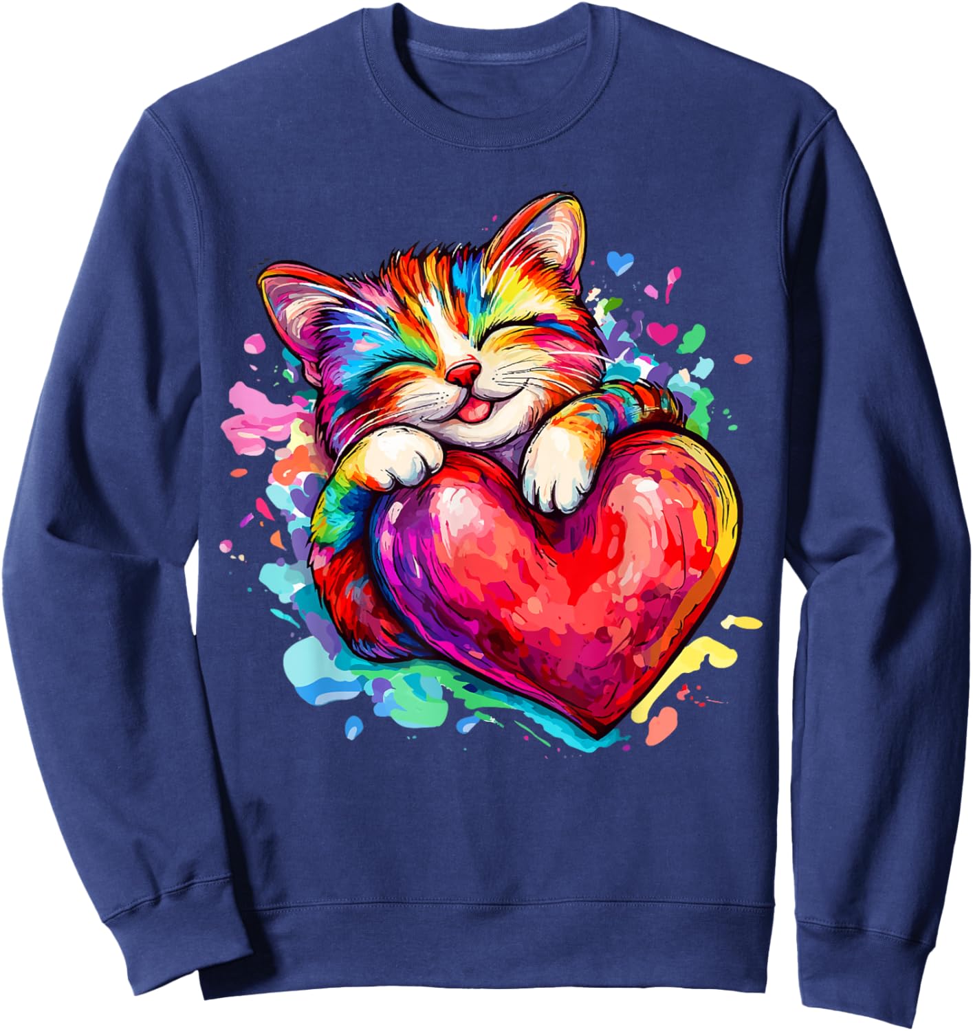 Cat Kitty Hugging Valentine Heart Rainbow Love Sweatshirt - Sweatshirt | Navy