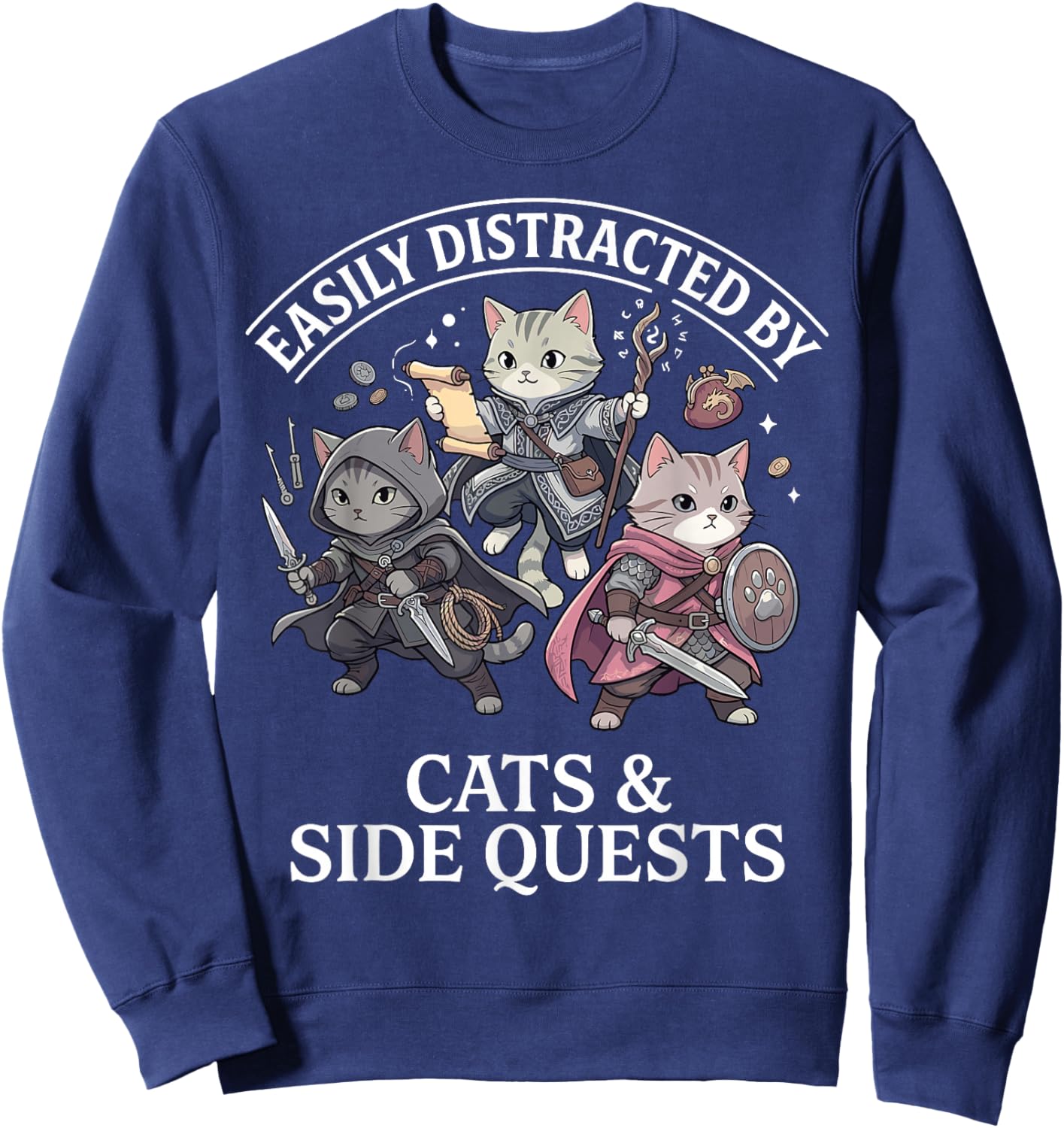 Easily Distracted by Cats Side Quests RPG Gamer Funny Sweatshirt - Sweatshirt | Navy