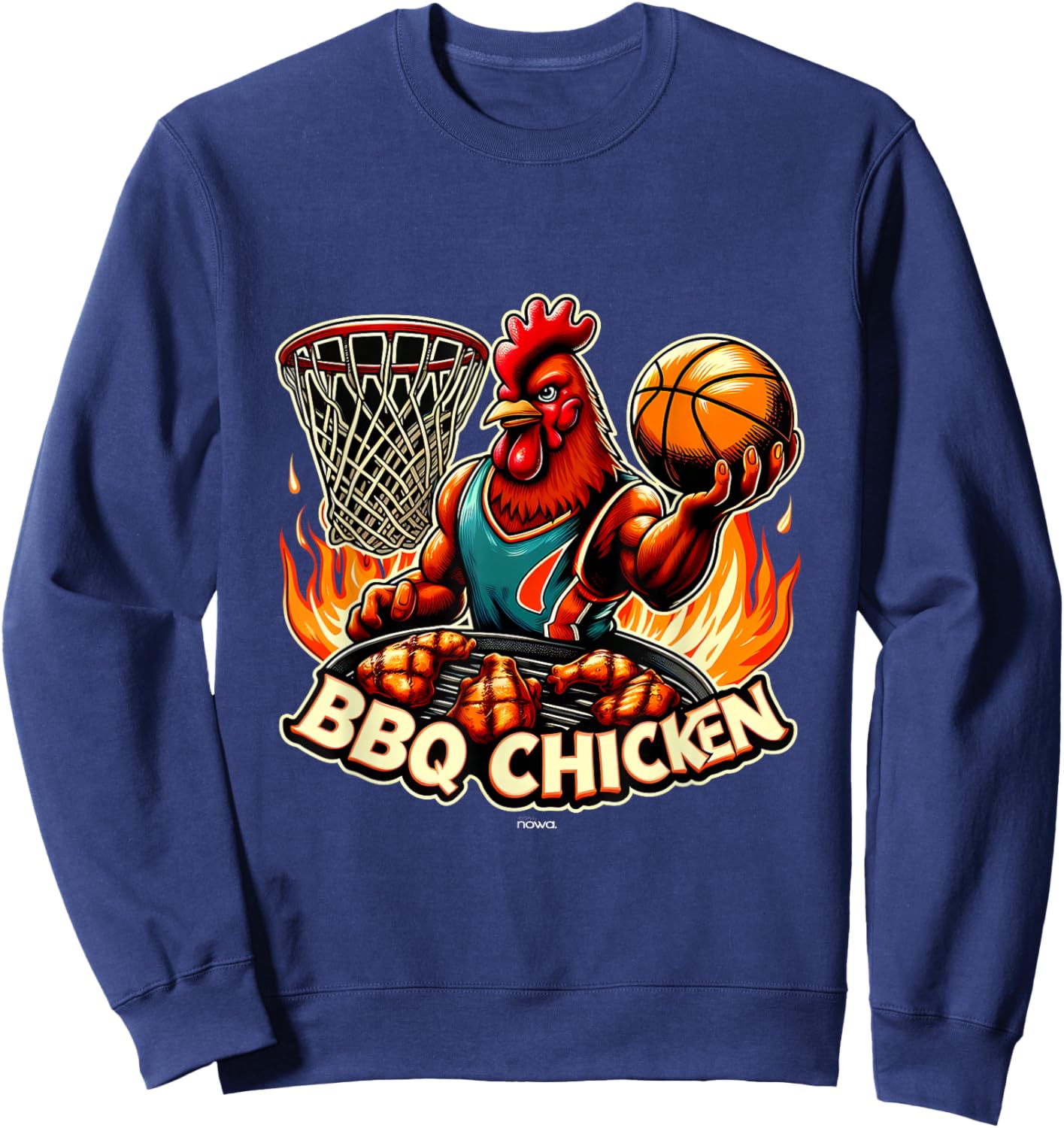 Bbq Chicken with Grill on Flames Playing Basketball Sweatshirt - Sweatshirt | Navy
