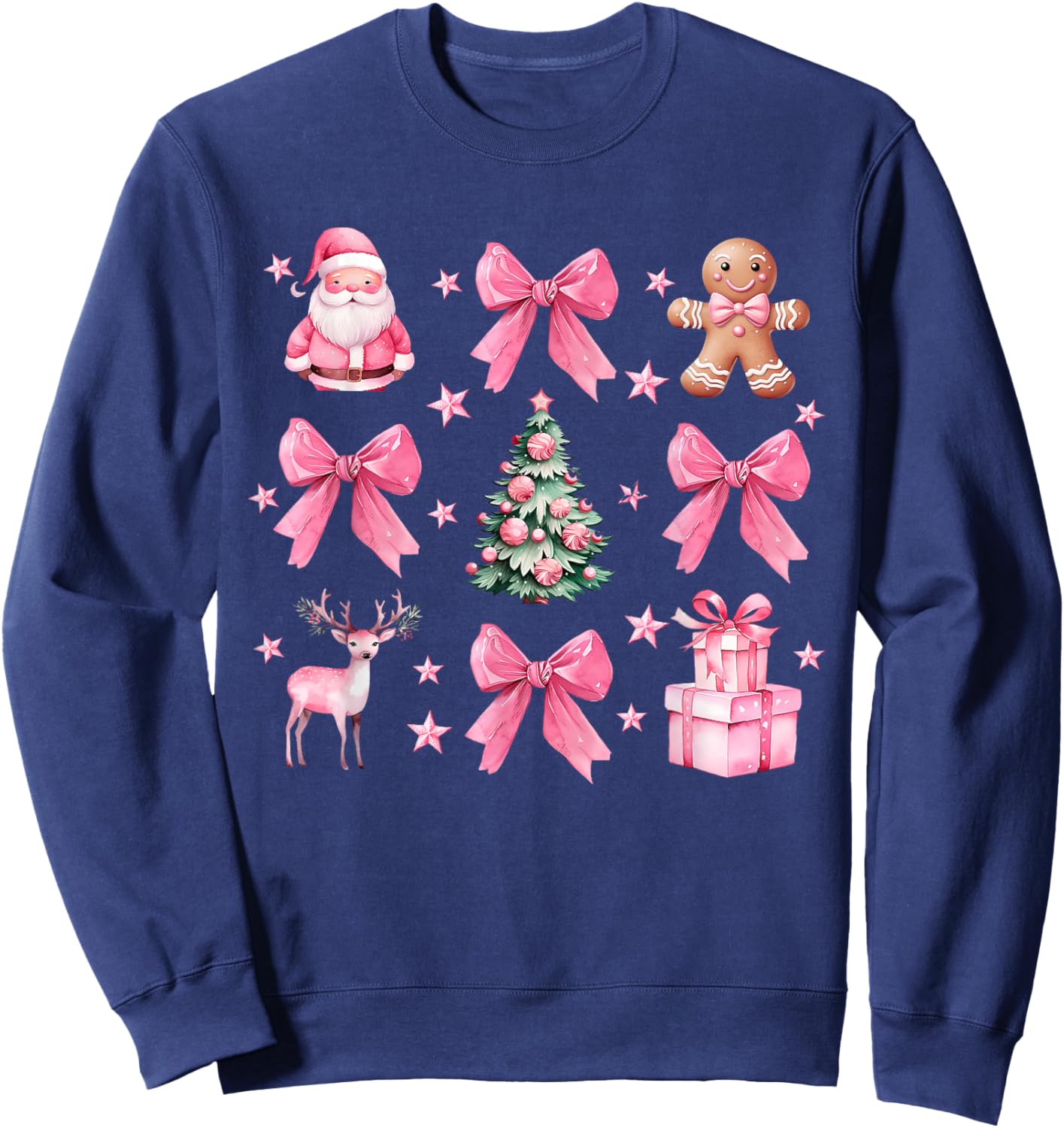 Cute Coquette Bow Pink Christmas Tree Santa Gingerbread Xmas Sweatshirt - Sweatshirt | Navy