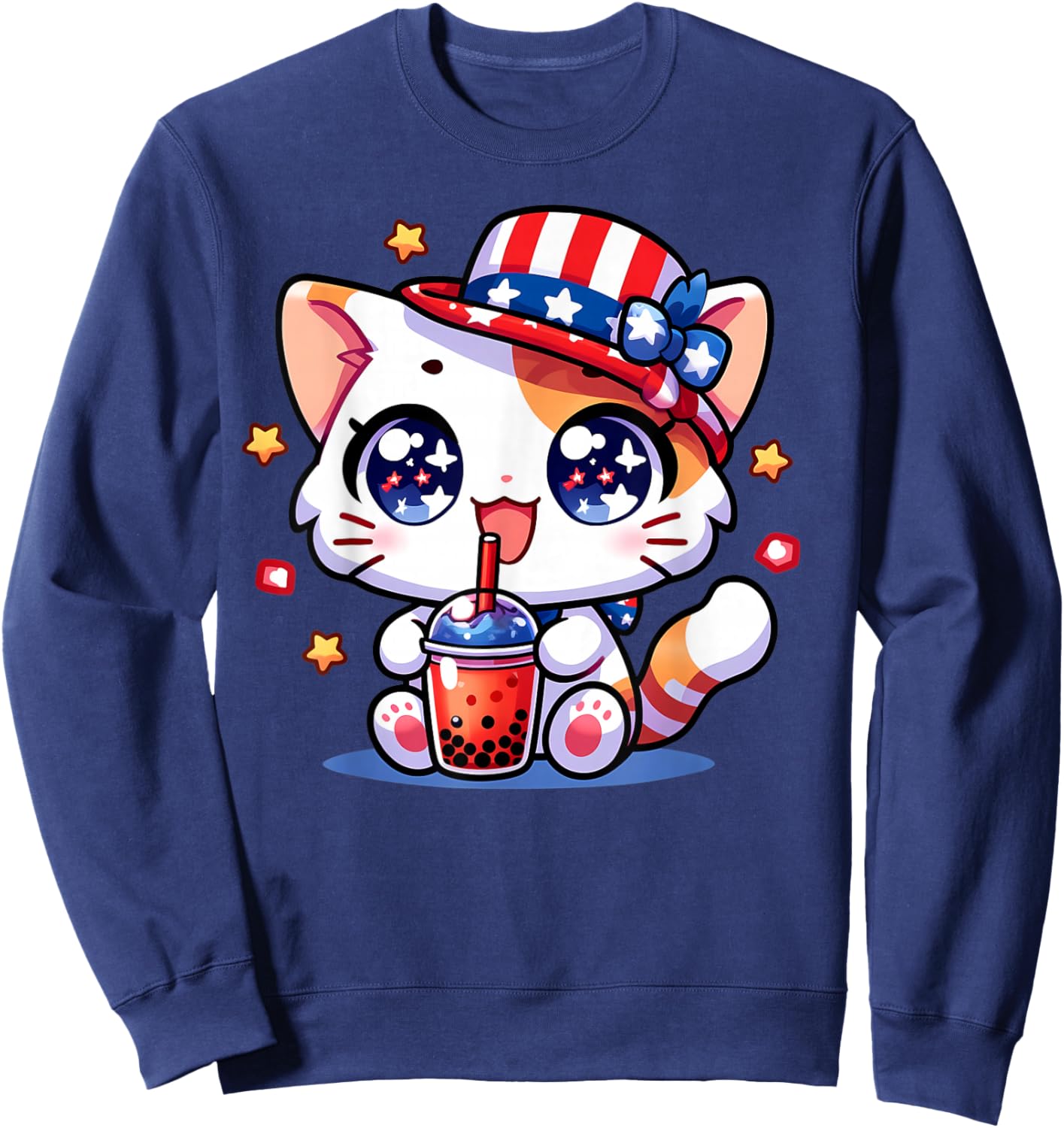 Cute 4th of July Cat Shirt Girls Kids Kawaii Anime Boba Tea Sweatshirt - Sweatshirt | Navy