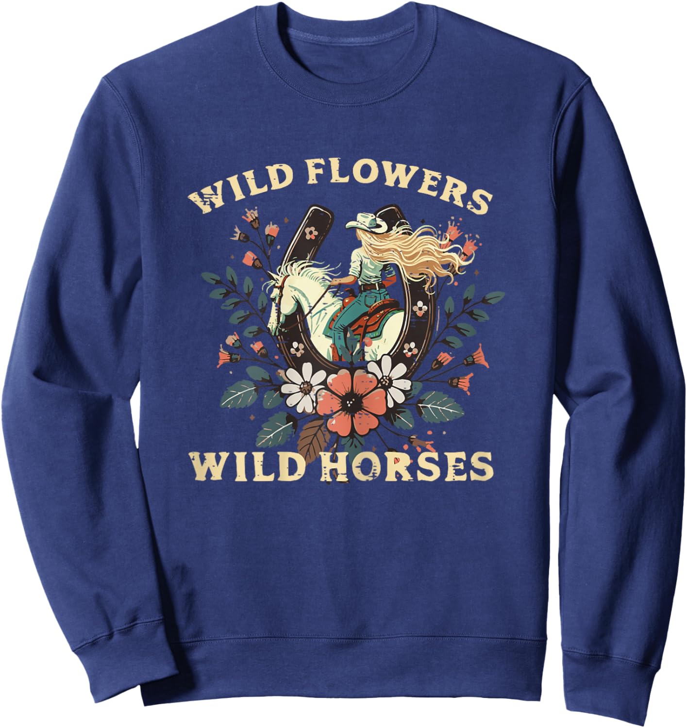 Wild Flowers Horses Vintage Equestrian Farm Women Girls Kids Sweatshirt - Sweatshirt | Navy