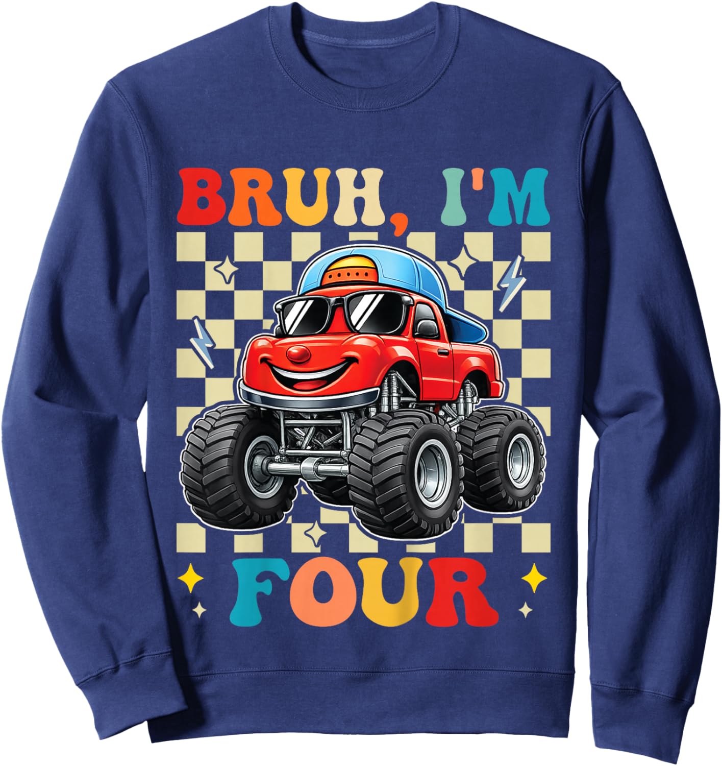 4th Birthday Monster Truck 4 Year Old Boys 4th Party Boys Sweatshirt - Sweatshirt | Navy