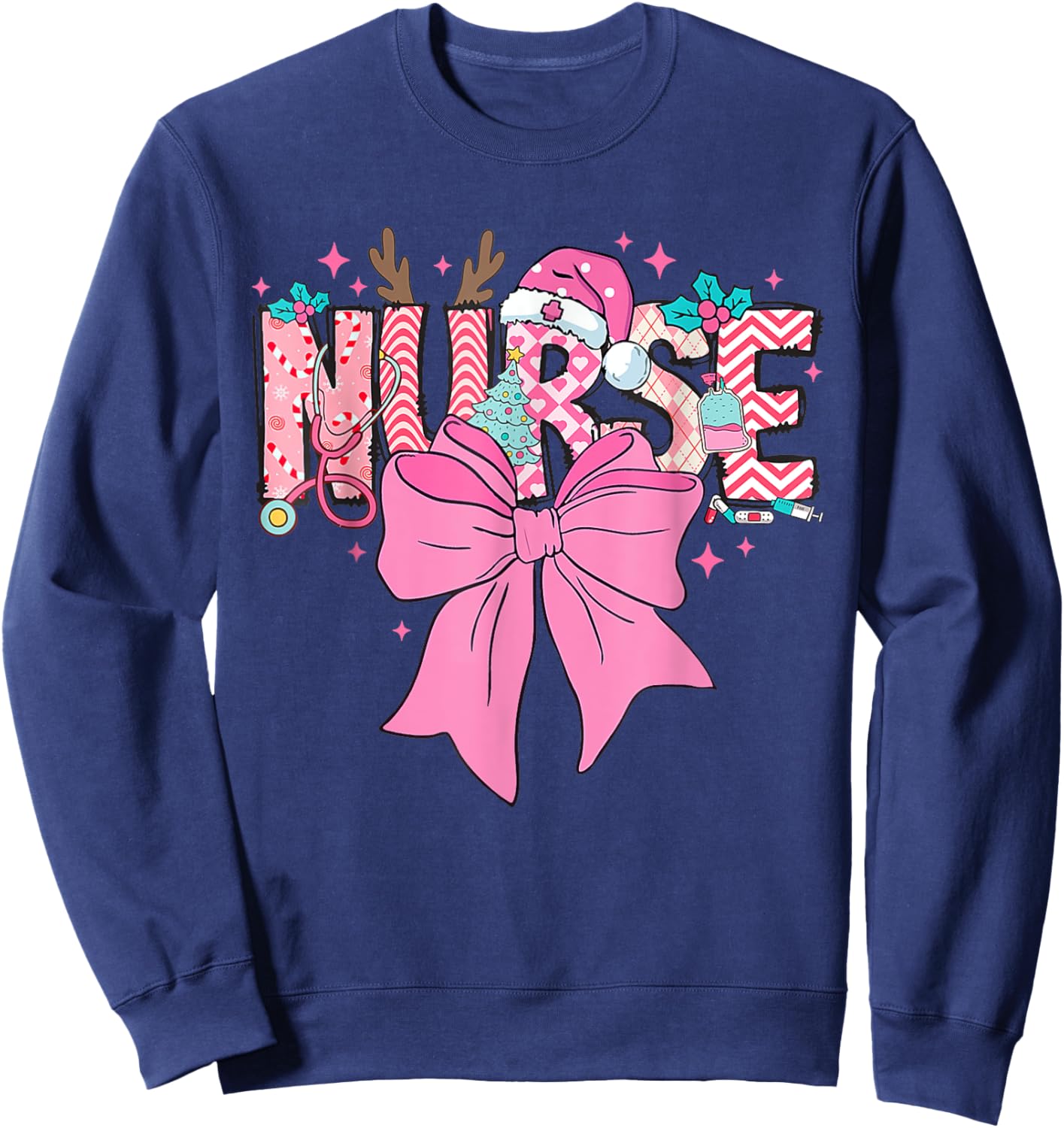 Coquette Nurse Christmas Nursing Pink Tone Bow Xmas Plaid Sweatshirt - Sweatshirt | Navy