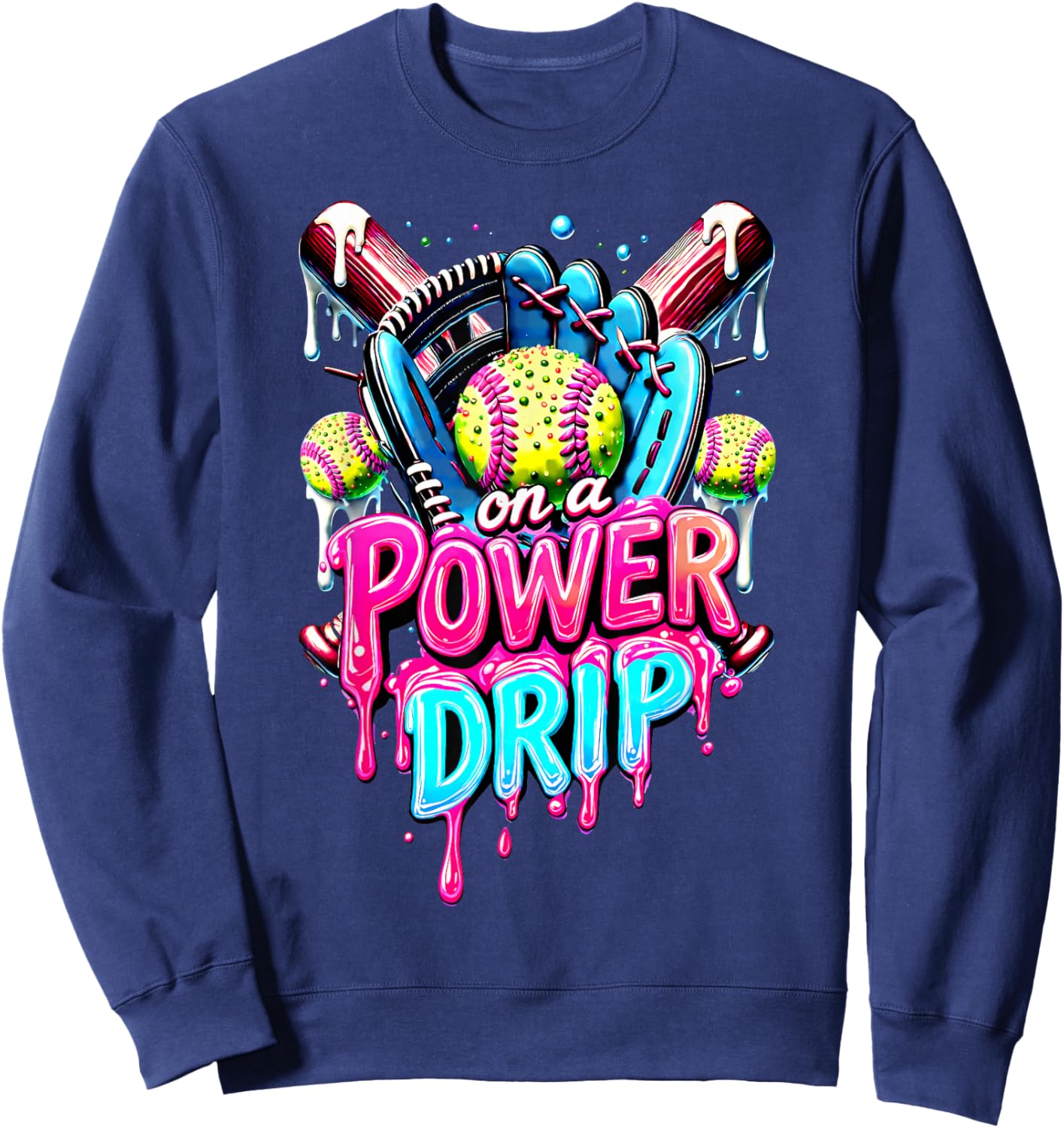 On A Power Drip Softball Ice Cream Dripping With Sprinkles Sweatshirt - Sweatshirt | Navy