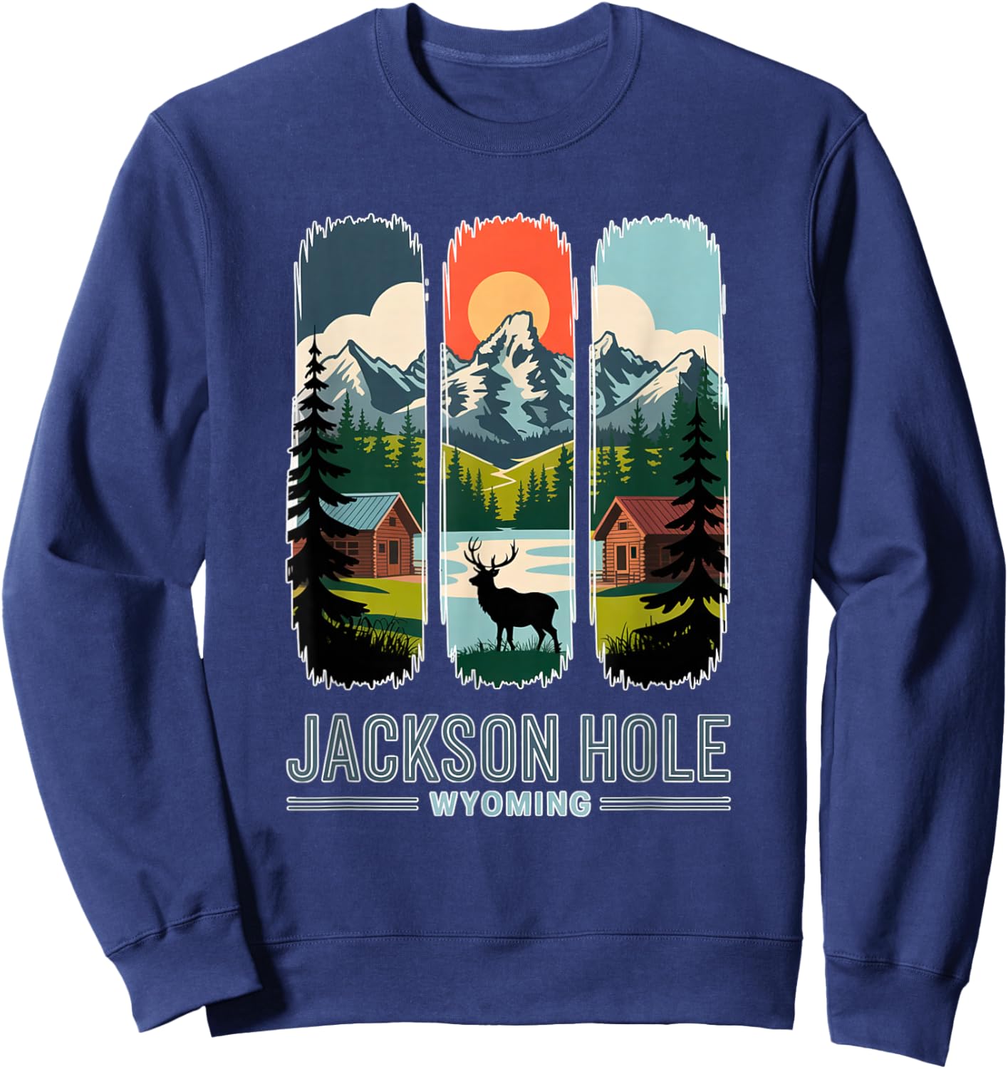 Jackson Hole Wyoming Elk Mountain Cabin Retro Travel Art Sweatshirt - Sweatshirt | Navy
