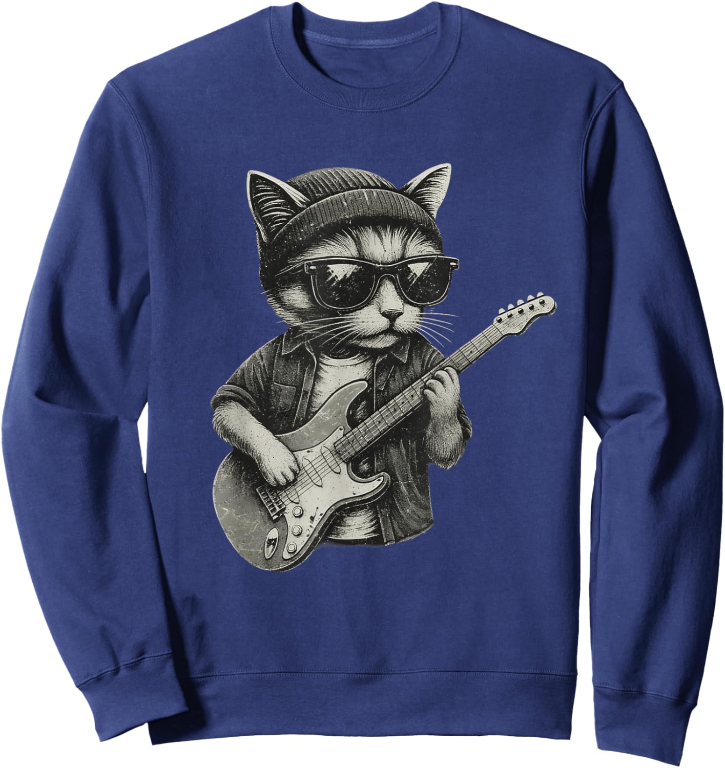 Chill Cat Playing Guitar Rock Music Funny Animal Sweatshirt - Sweatshirt | Navy