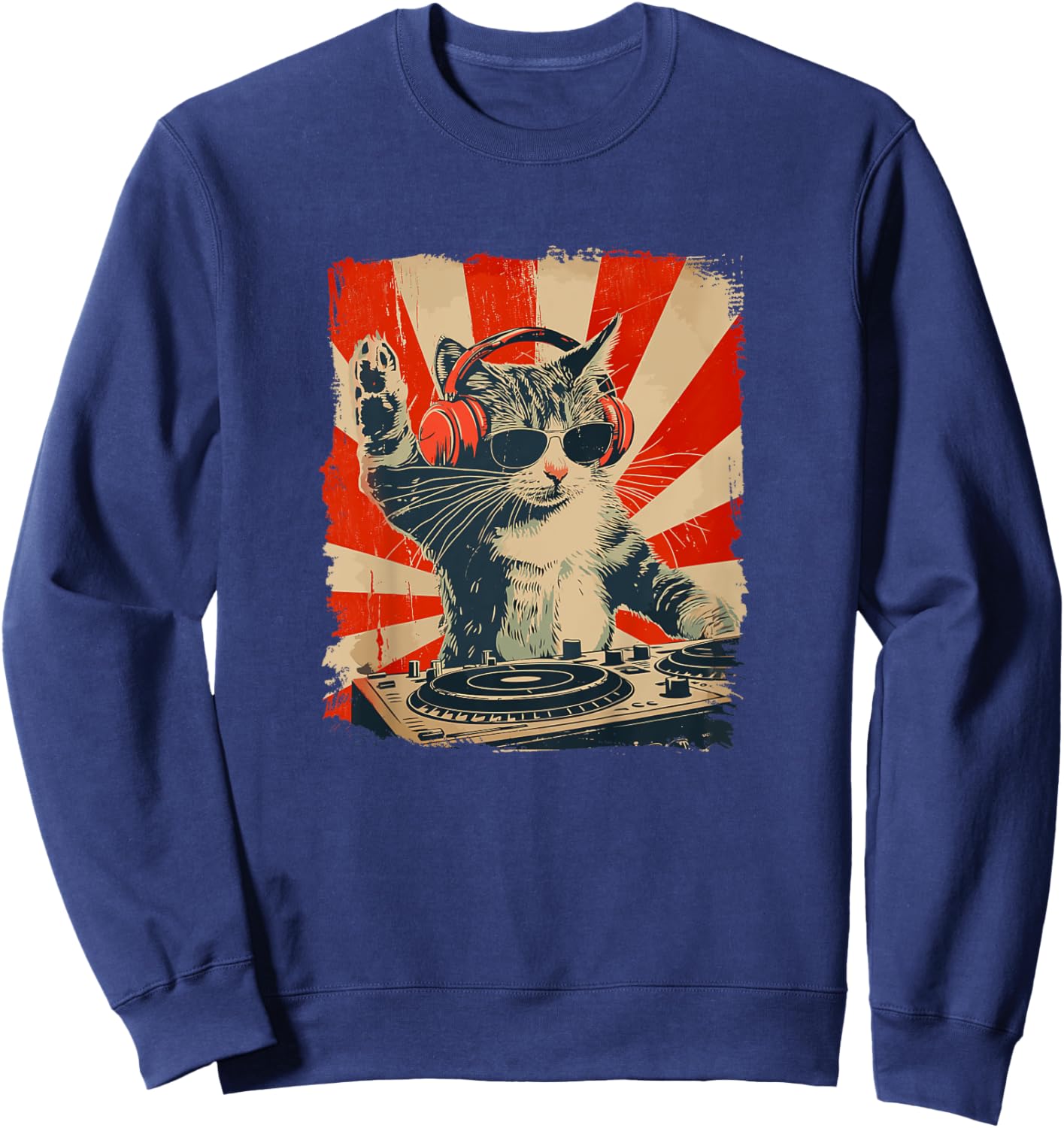 Funny DJ Cat Disco Sound Tech Headphone Music Sweatshirt - Sweatshirt | Navy