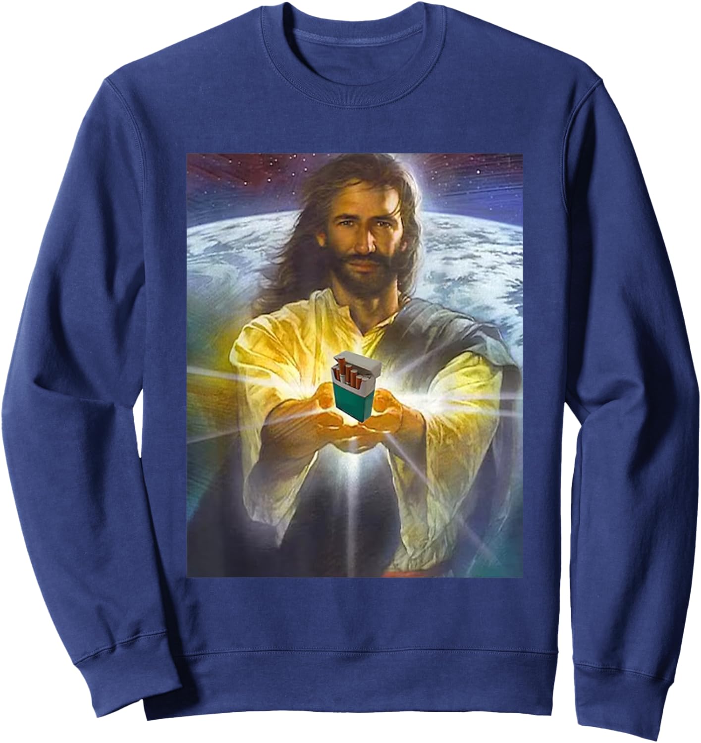 Jesus Holding Cigarettes Funny Jesus -Adults Black Short Sleeve Small Sweatshirt - Sweatshirt | Navy