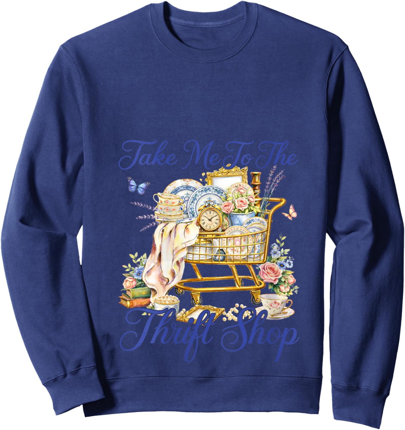 Women's Take Me to The Thrift Shop Vintage Thrifting Retro Shopping V-Neck Sweatshirt - Sweatshirt | Navy