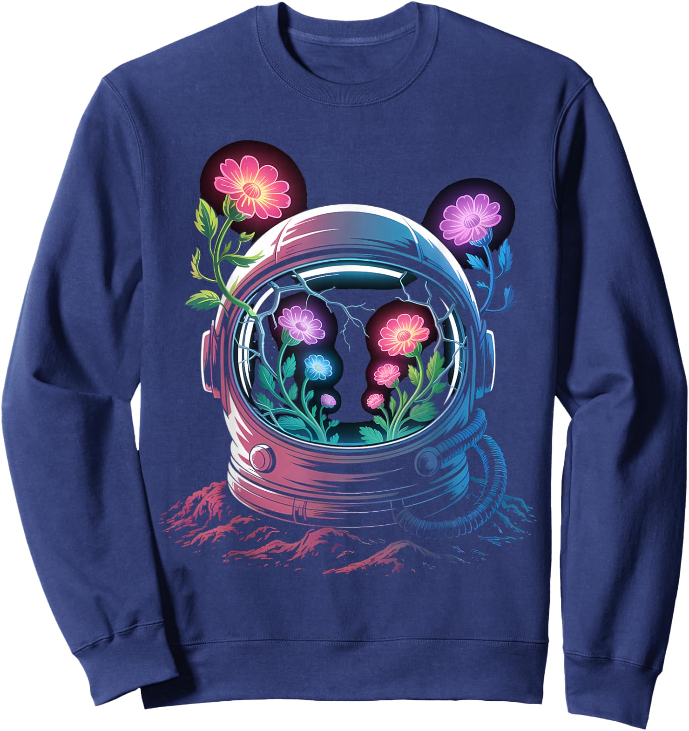 Astronaut Helmet Glowing Flowers Space Bloom Future Art Sweatshirt - Sweatshirt | Navy