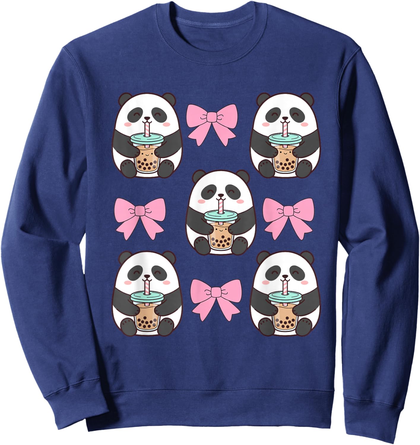 Cute Coquette Panda Pink Bows Drinking Boba Bubble Tea Sweatshirt - Sweatshirt | Navy