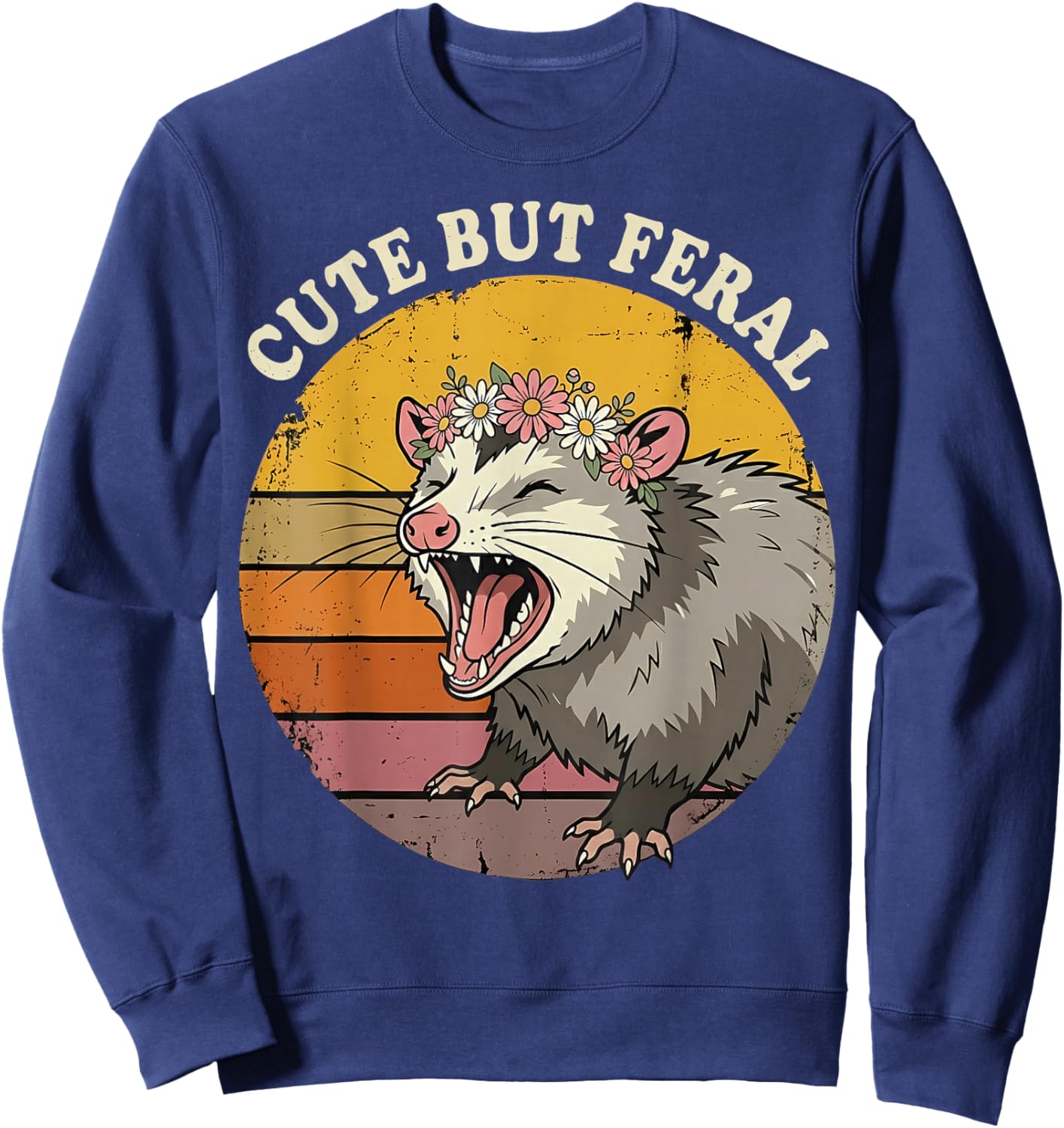 Cute But Feral Screaming Opossum Flower Crown Sweatshirt - Sweatshirt | Navy