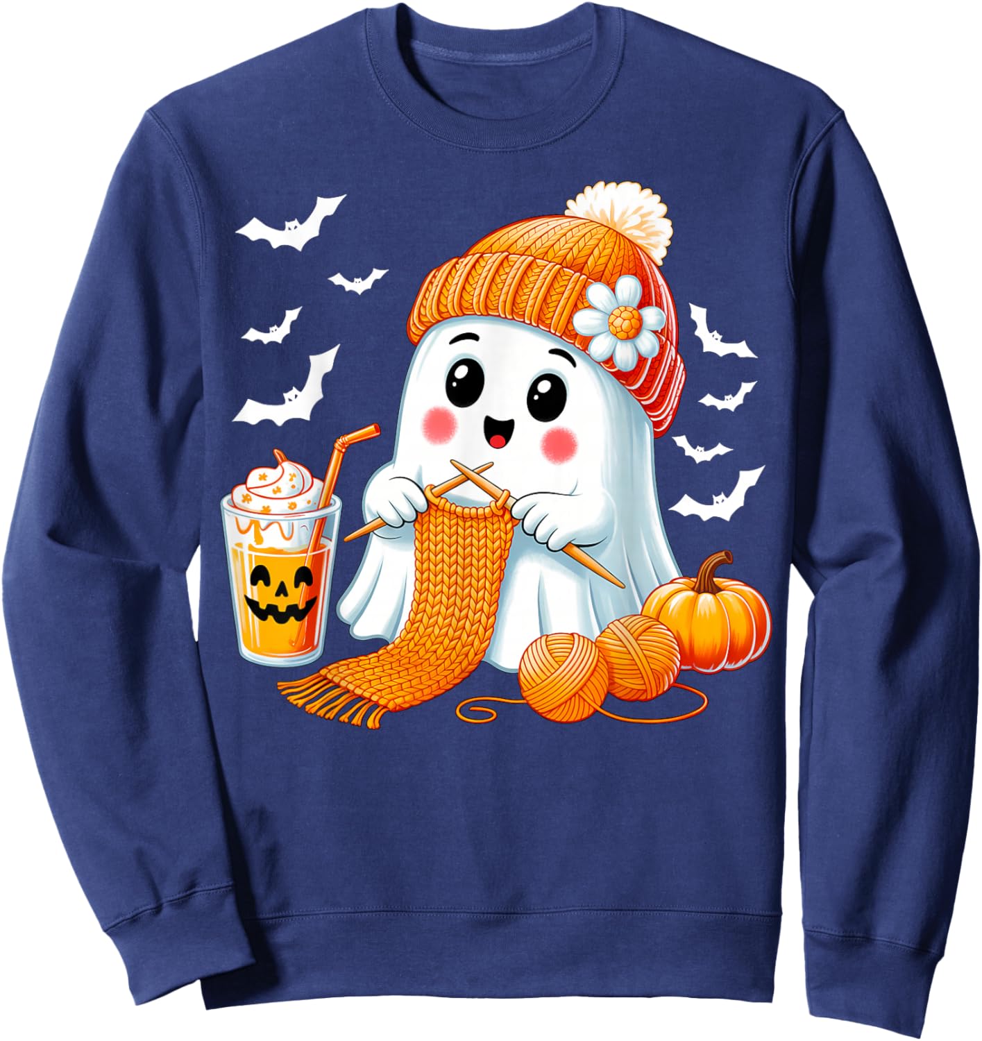 Ghost Crochet Crocheting Knitting Coffee Women Halloween Sweatshirt - Sweatshirt | Navy