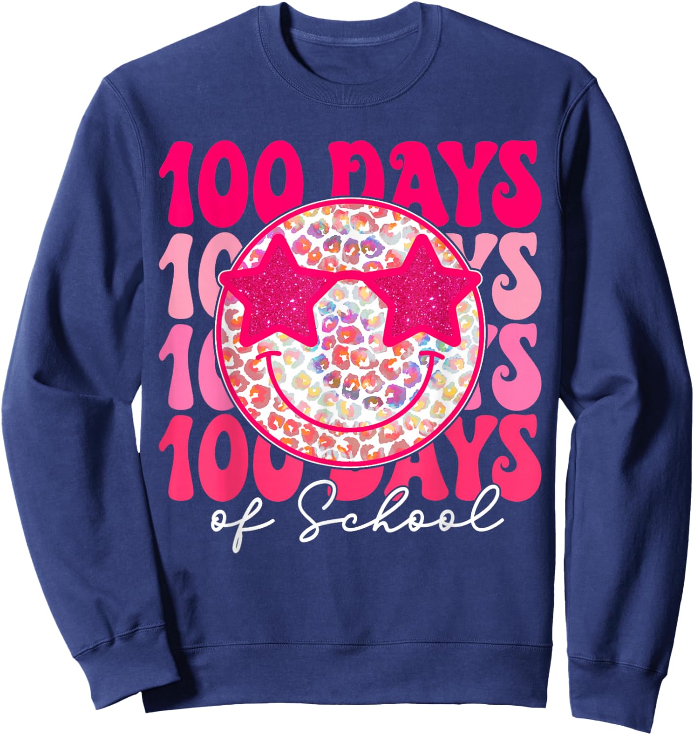 Retro Smile Face Pink Groovy Happy 100 Days of School Girls Sweatshirt - Sweatshirt | Navy
