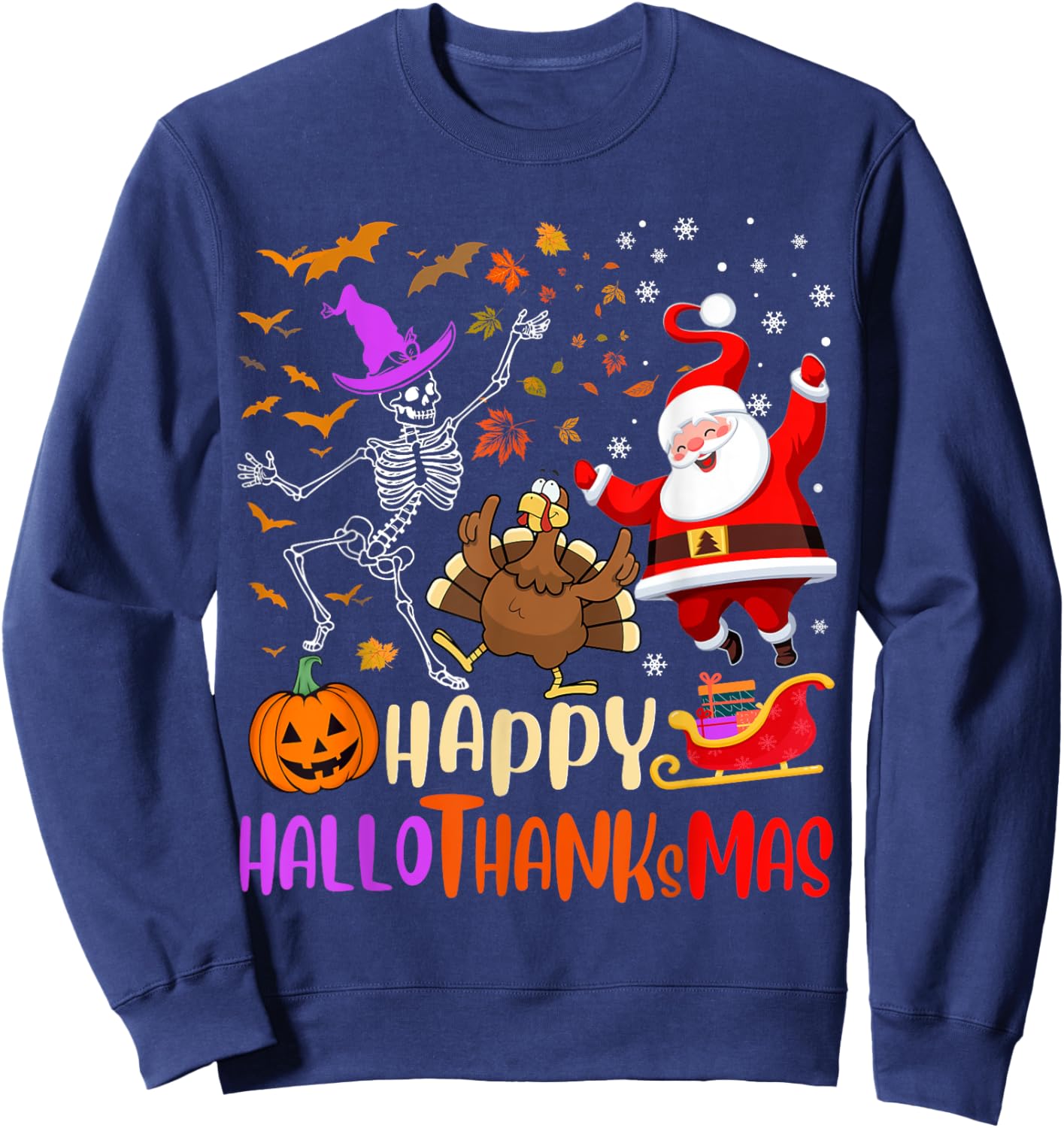 Happy Hallothanksmas Skeleton Pumpkin Turkey Santa Dancing Sweatshirt - Sweatshirt | Navy