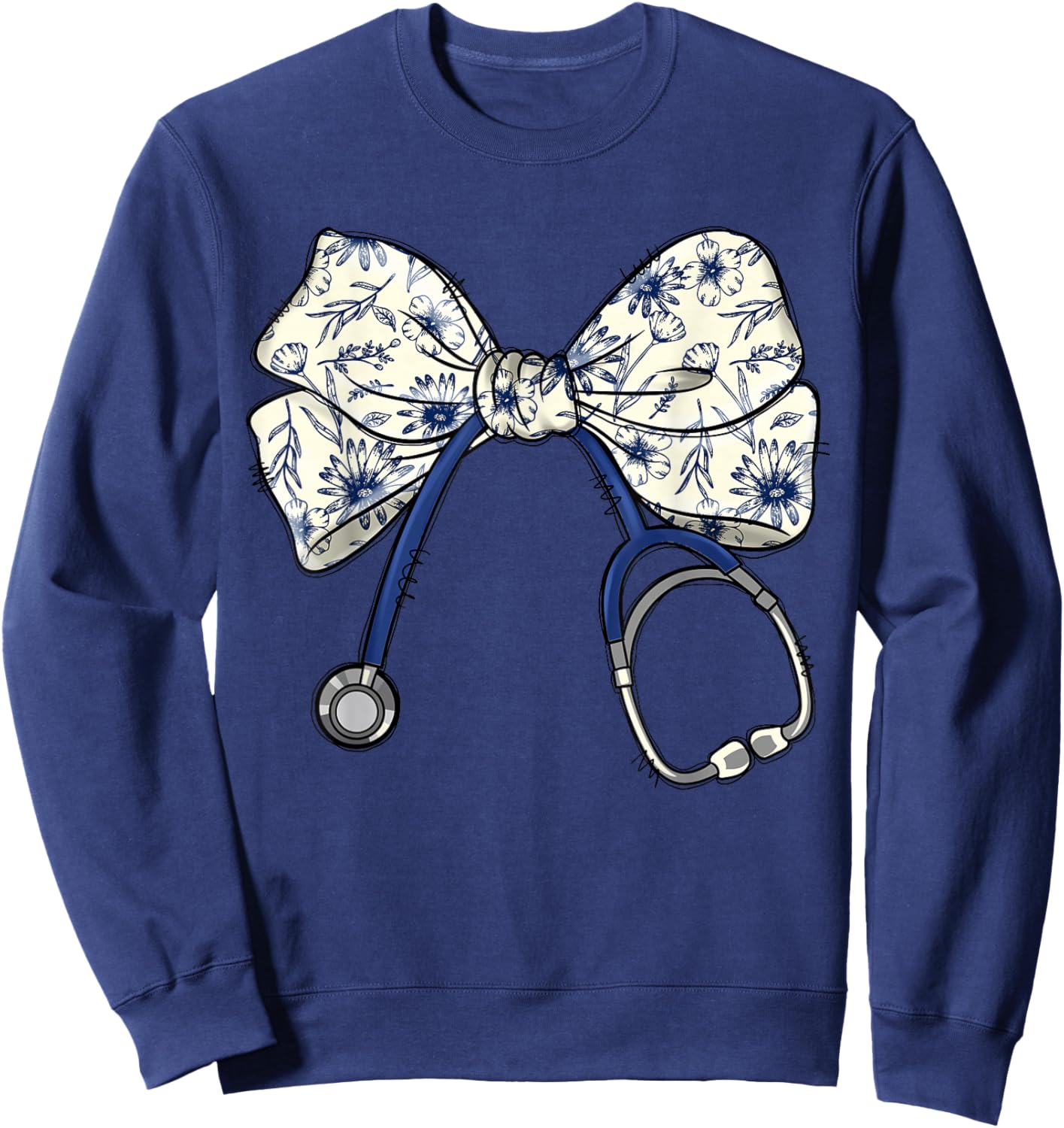 Floral Blue Coquette Bow Nurse Stethoscope Nursing Doctor Sweatshirt - Sweatshirt | Navy