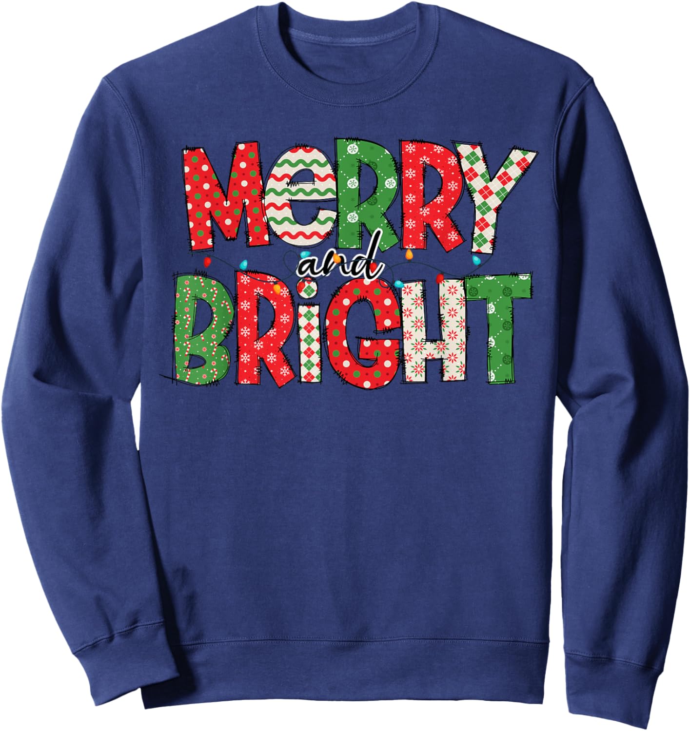 Merry And Bright Christmas Pajama Lights Santa Hat Xmas 2024 Sweatshirt - Sweatshirt | Navy