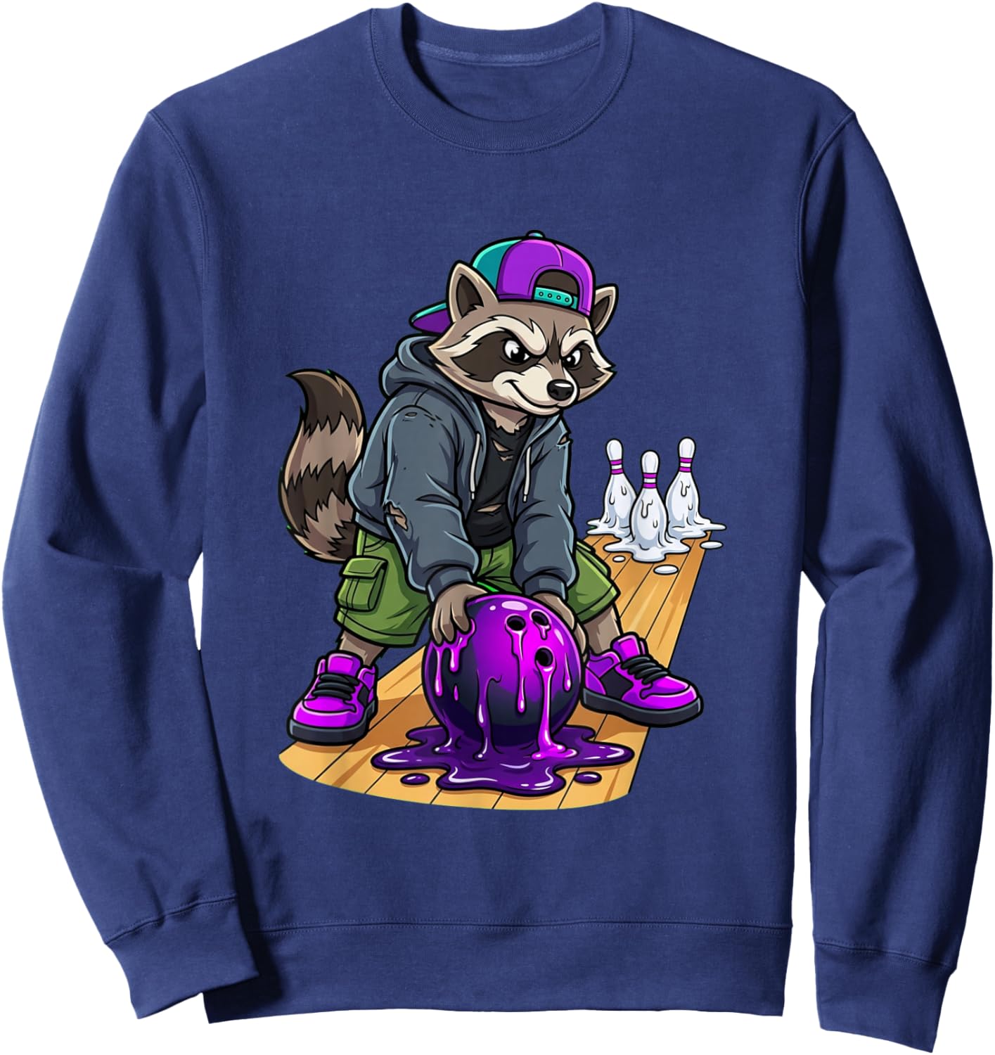 Funny Bowling Raccoon Shirt Melting Pins Bowler Trash Panda Sweatshirt - Sweatshirt | Navy