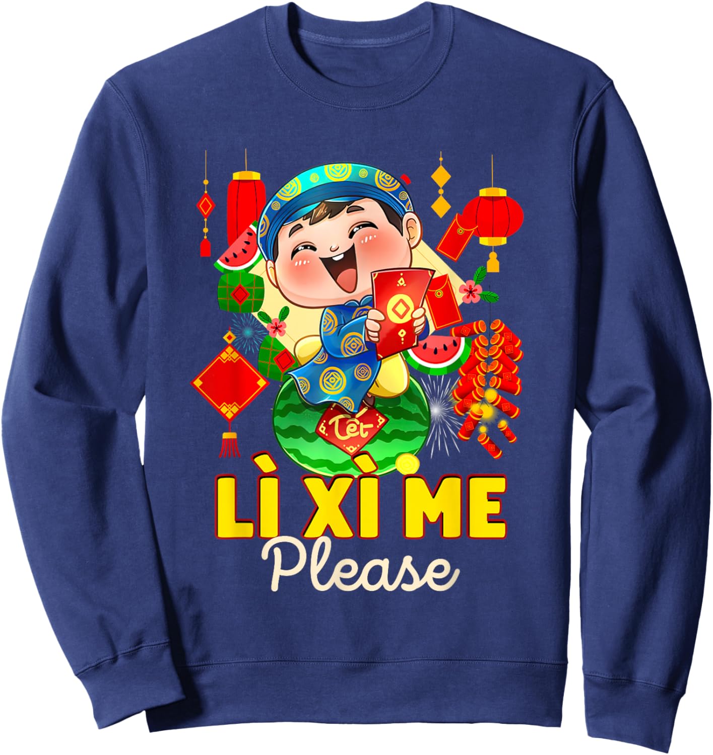Happy Tet Chuc Mung Nam Moi 2025 Li Xi Me Please Kids Boys Black Modern Classic Cartoon Birthday Sweatshirt - Sweatshirt | Navy