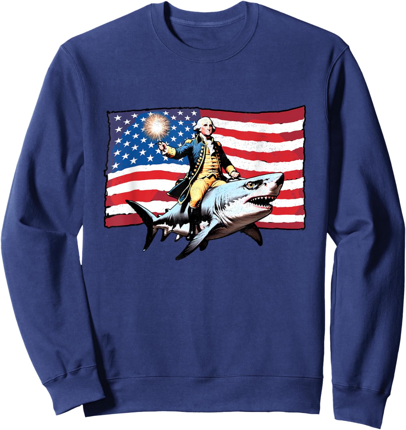 4th of July George Washington Riding Shark American Flag Men Sweatshirt - Sweatshirt | Navy