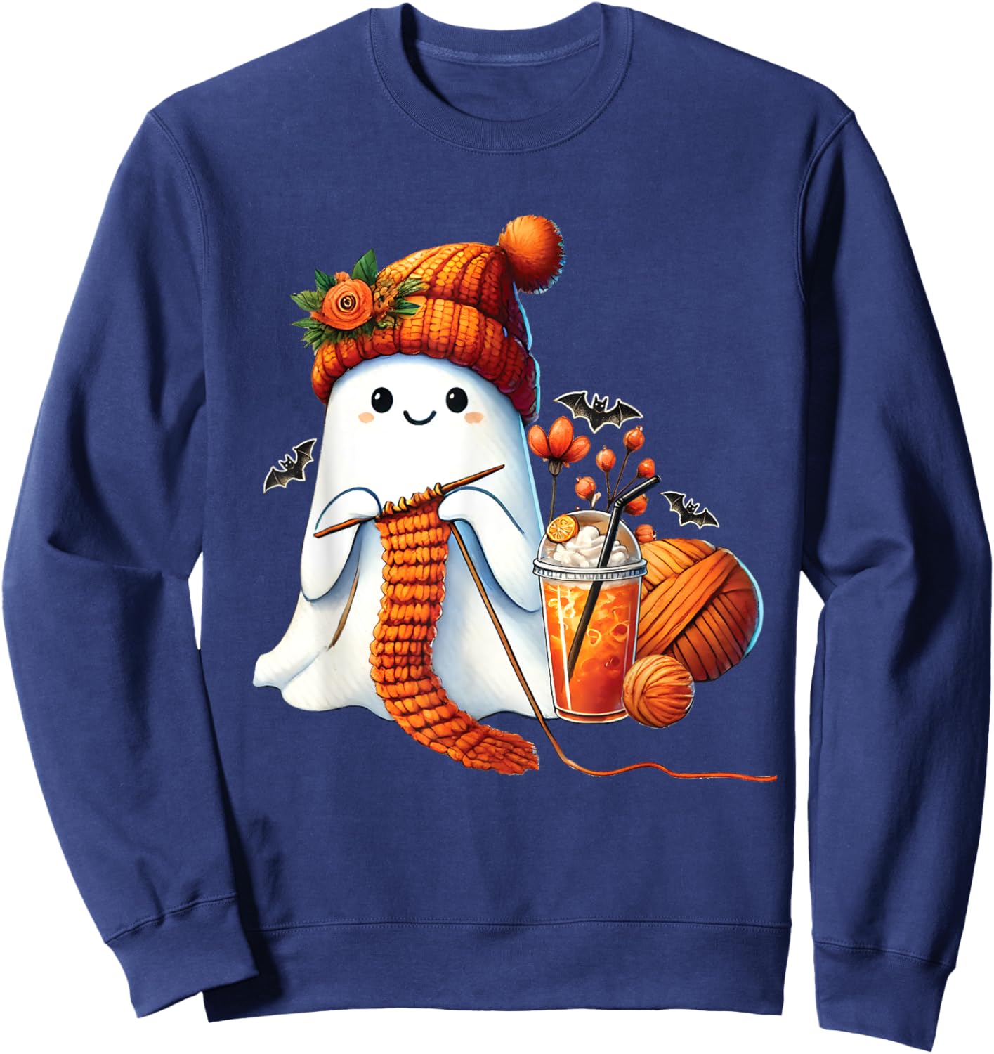 Cute Ghost crochet knitting Lovers Halloween Coffee Women Sweatshirt - Sweatshirt | Navy