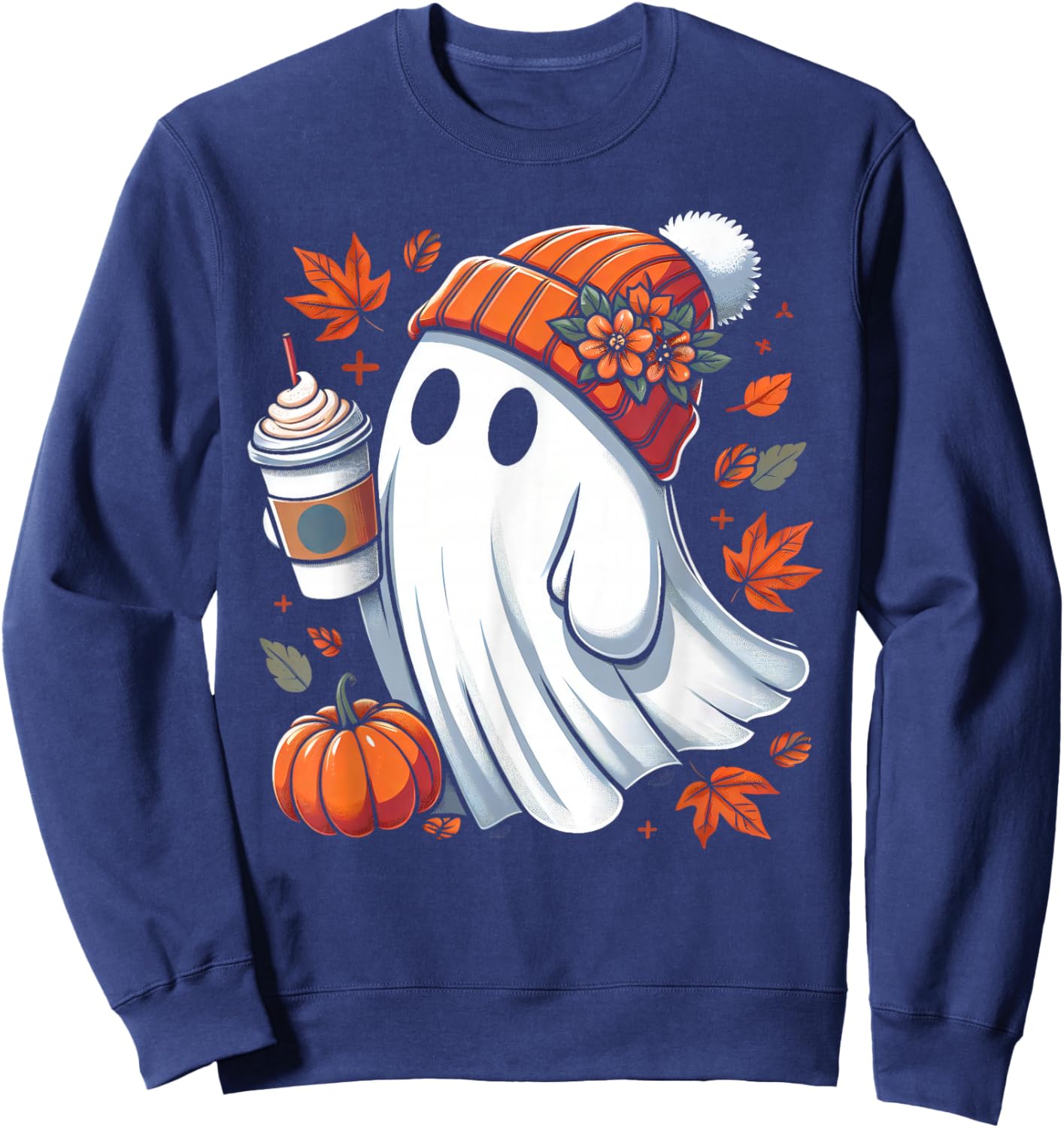 Cute Ghost Drinking Coffee Halloween Ghost Ice Coffee Sweatshirt - Sweatshirt | Navy
