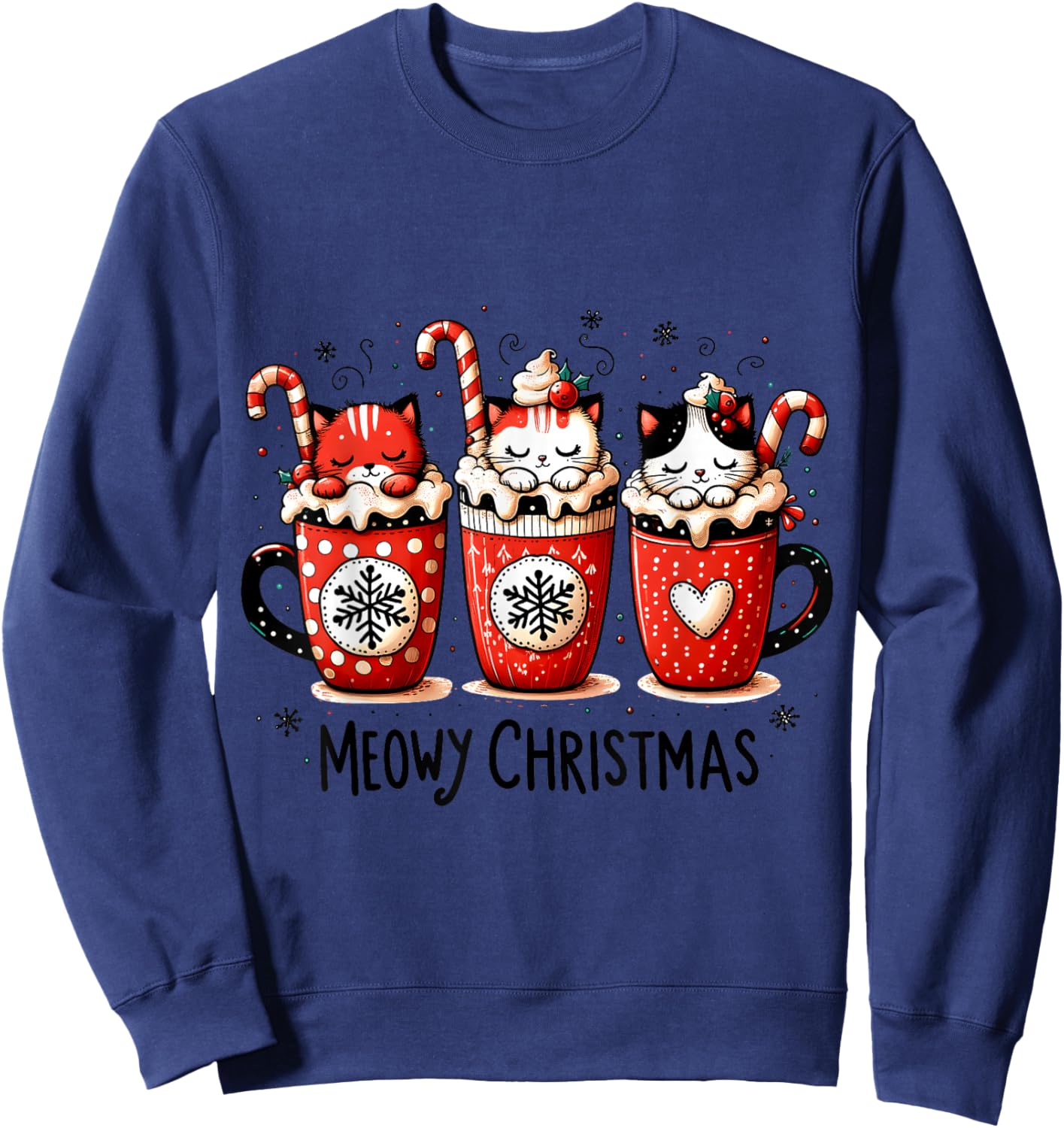 Meowy Christmas Cute Cats and Coffee Merry Xmas Graphic Sweatshirt - Sweatshirt | Navy