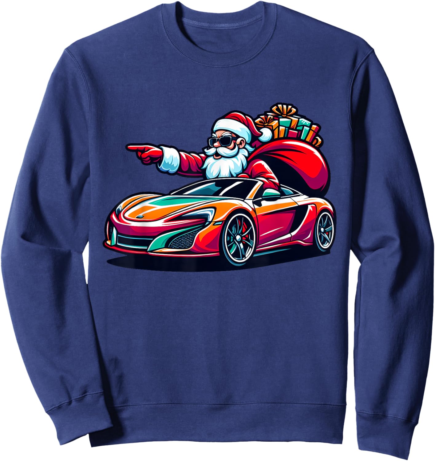 Funny Christmas Santa Claus Driving Sport Car Xmas Pajama Sweatshirt - Sweatshirt | Navy