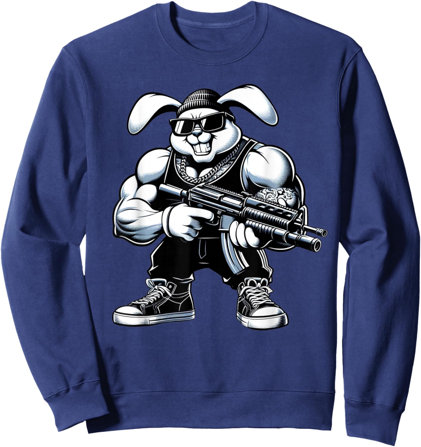 Thug Bunny Holding Gun Muscles Gangster Rabbit Lovers Art Sweatshirt - Sweatshirt | Navy