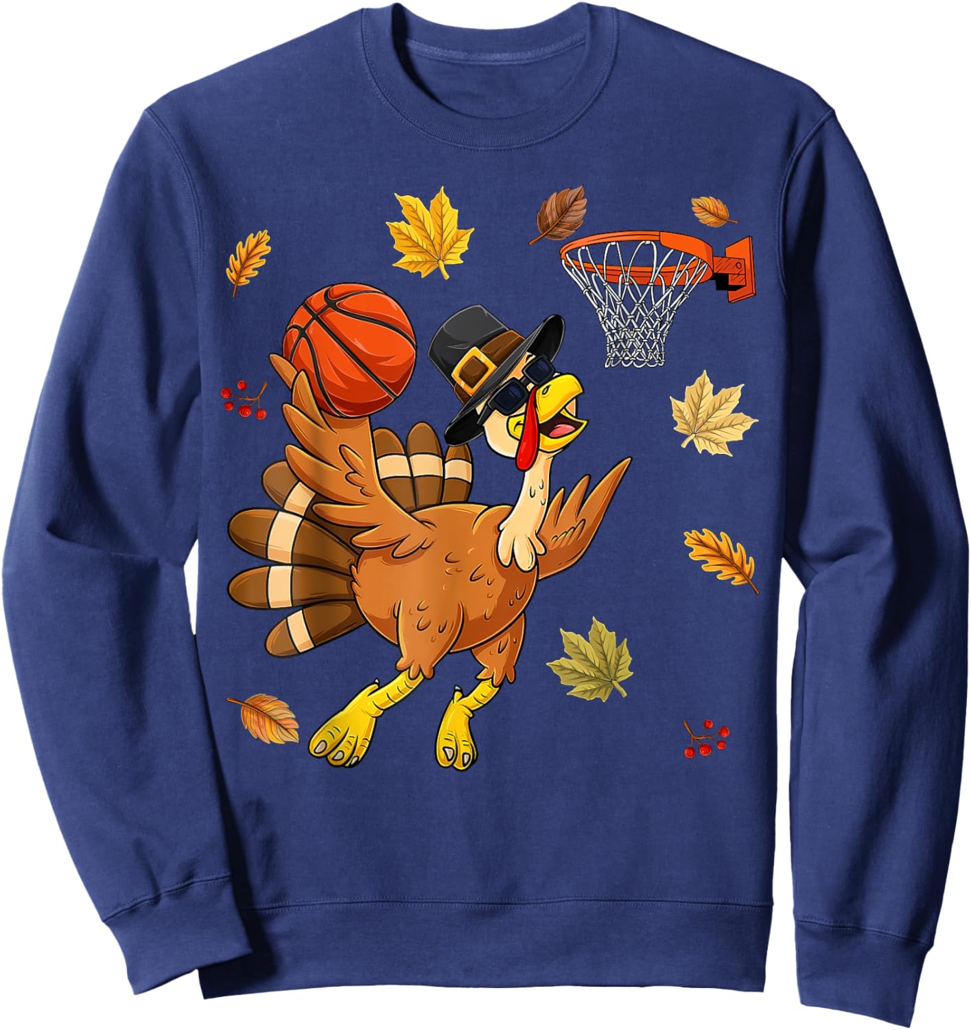 Funny Turkey Playing Basketball Happy Thanksgiving Boys Kids Sweatshirt - Sweatshirt | Navy